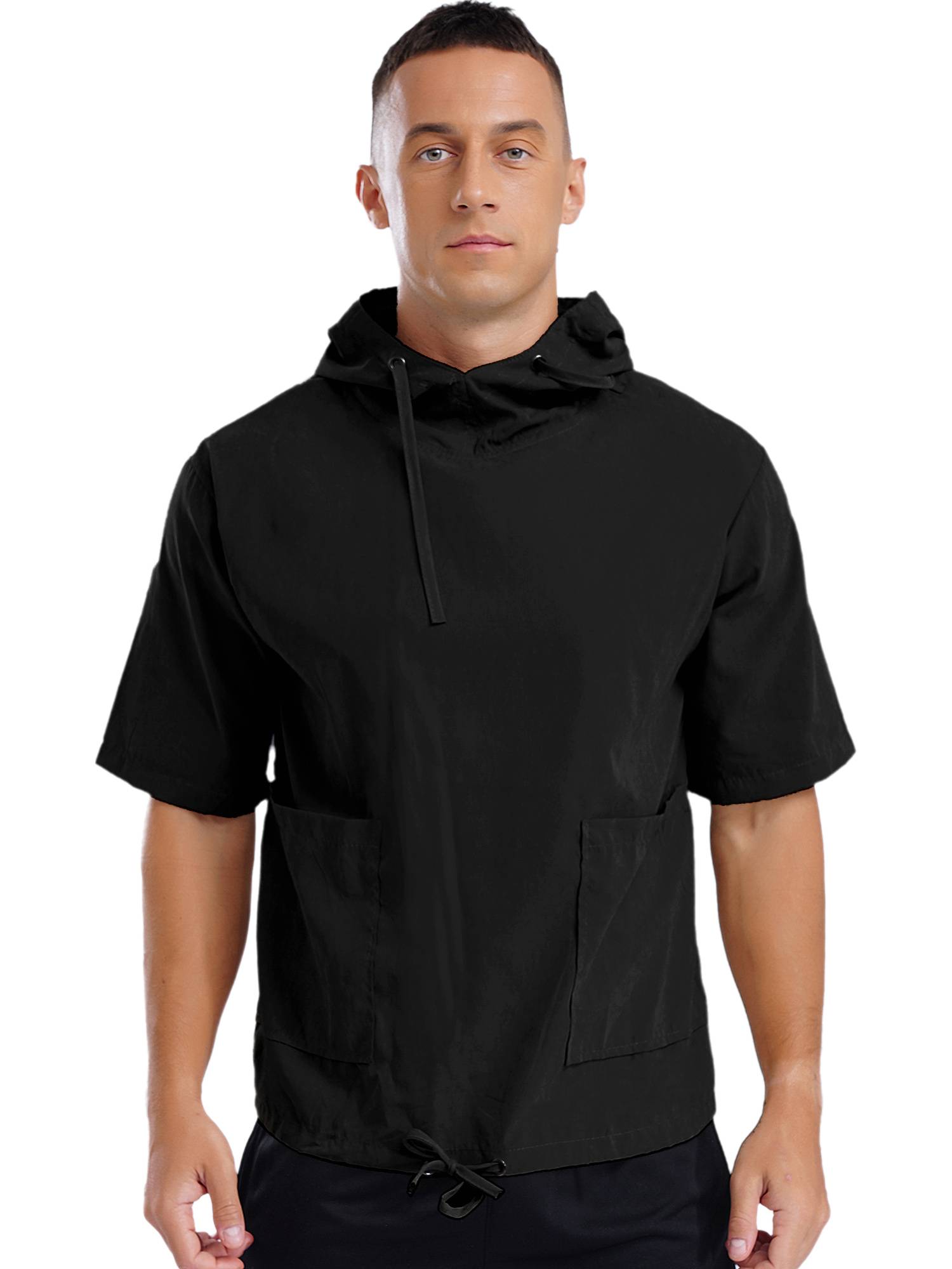 Men Half Sleeve Solid Color Drawstring Pullover Sports Hoodie