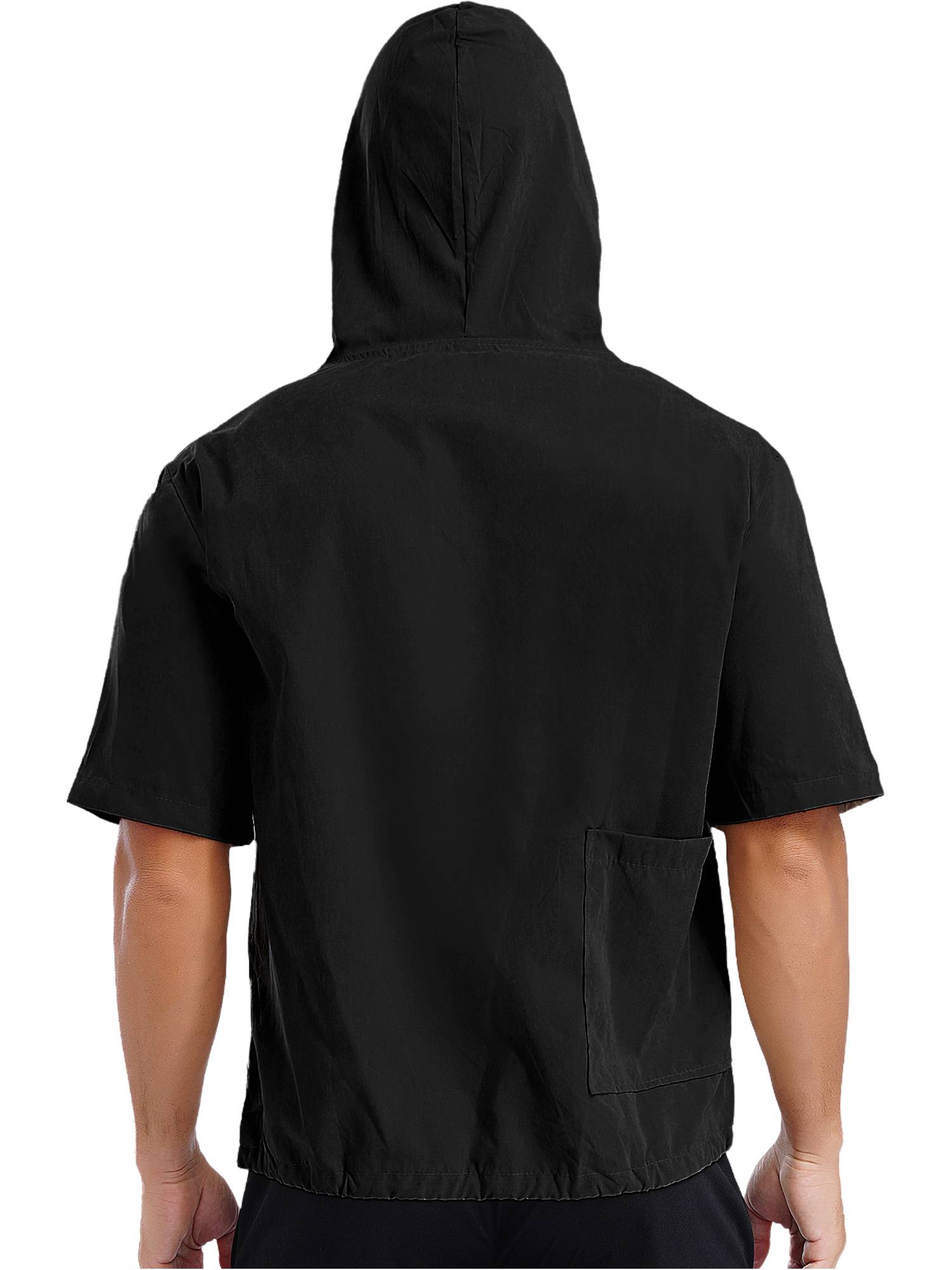 Men Half Sleeve Solid Color Drawstring Pullover Sports Hoodie