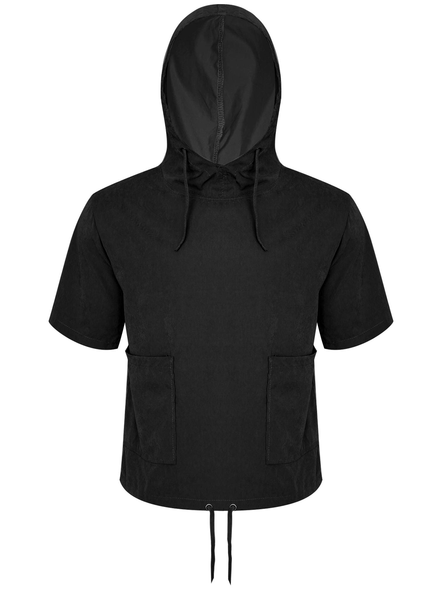 Men Half Sleeve Solid Color Drawstring Pullover Sports Hoodie