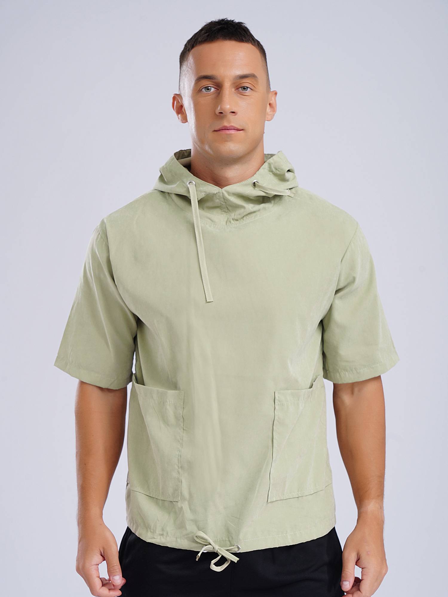 Men Half Sleeve Solid Color Drawstring Pullover Sports Hoodie