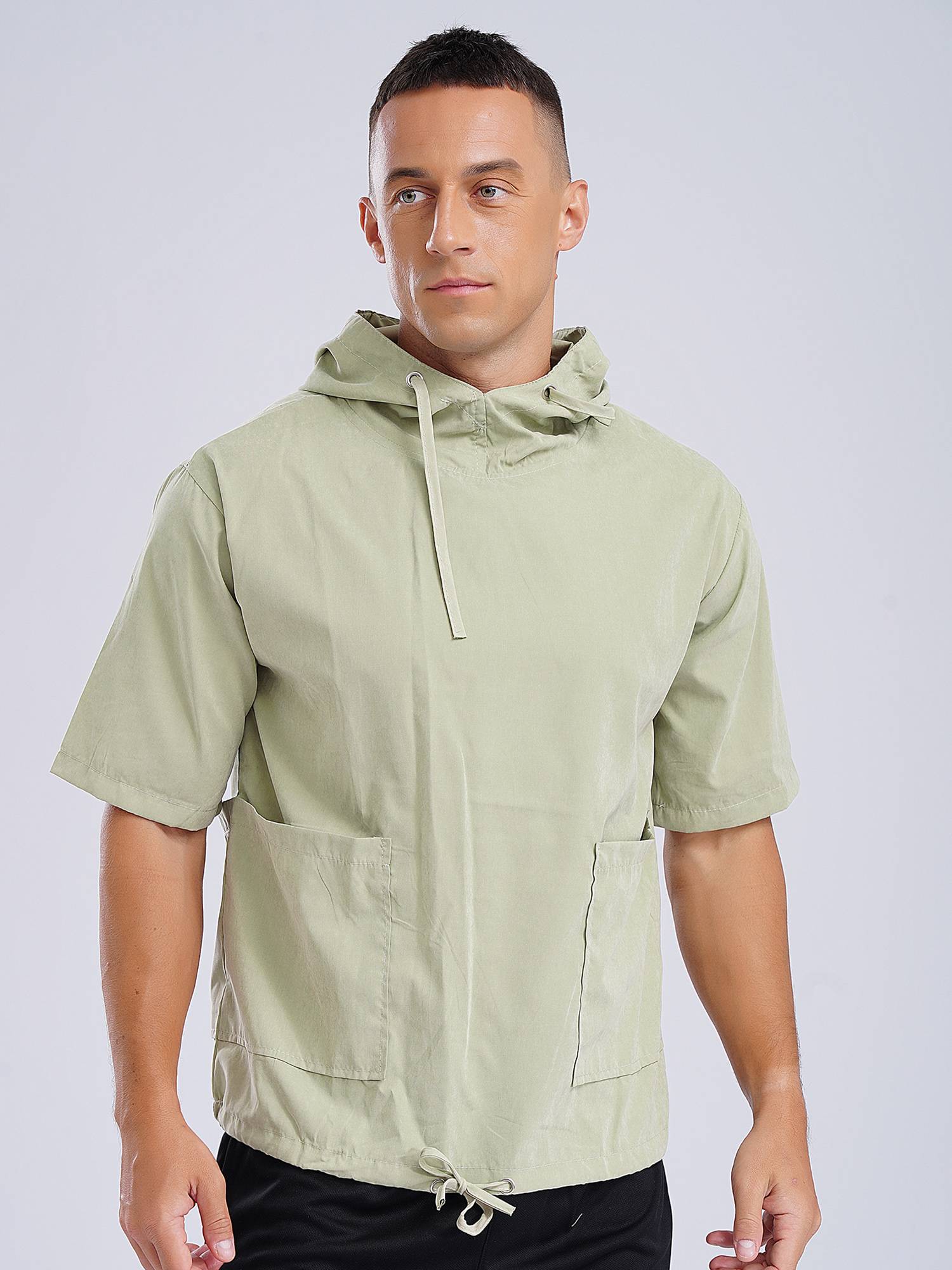 Men Half Sleeve Solid Color Drawstring Pullover Sports Hoodie