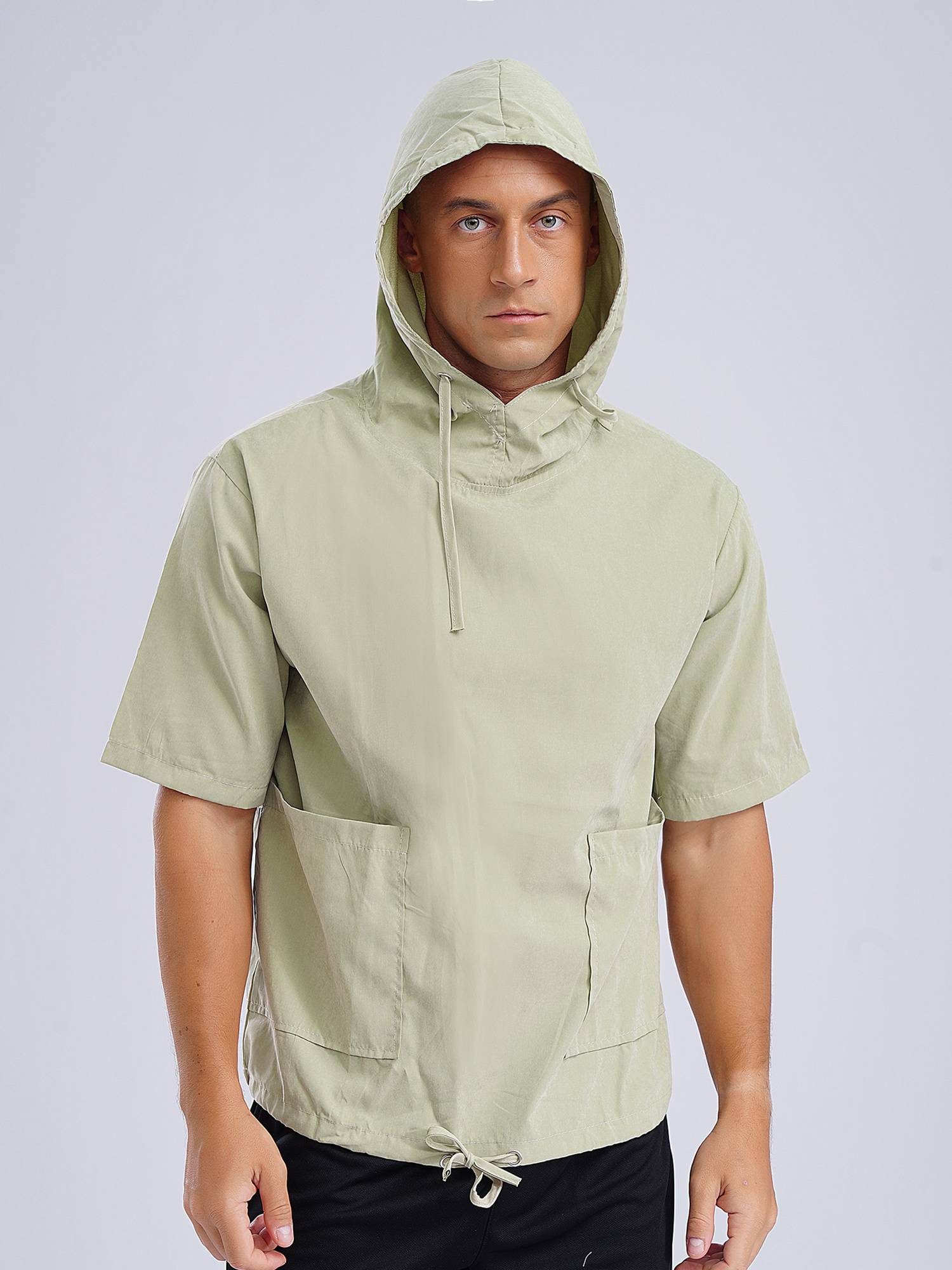 Men Half Sleeve Solid Color Drawstring Pullover Sports Hoodie