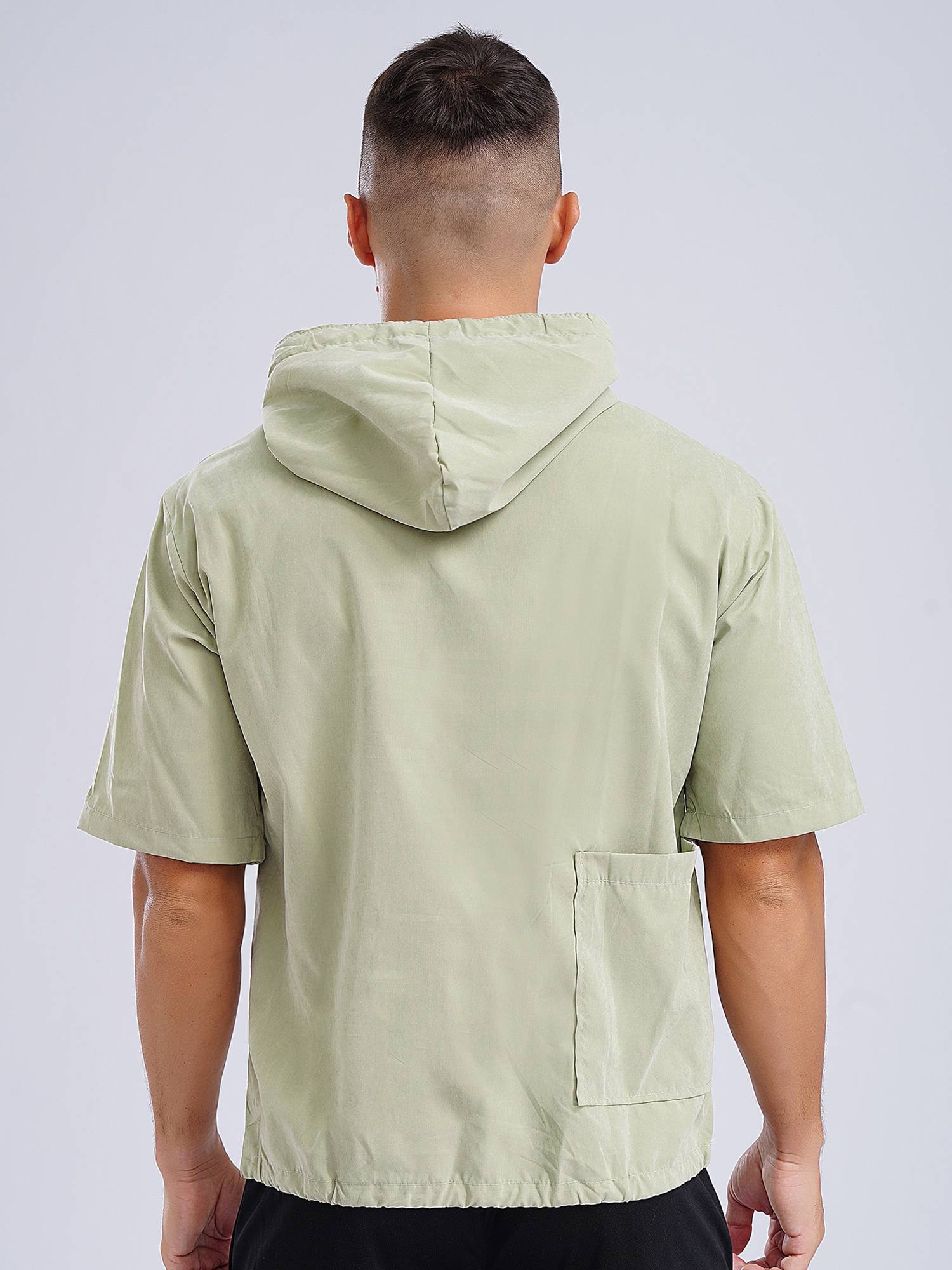 Men Half Sleeve Solid Color Drawstring Pullover Sports Hoodie