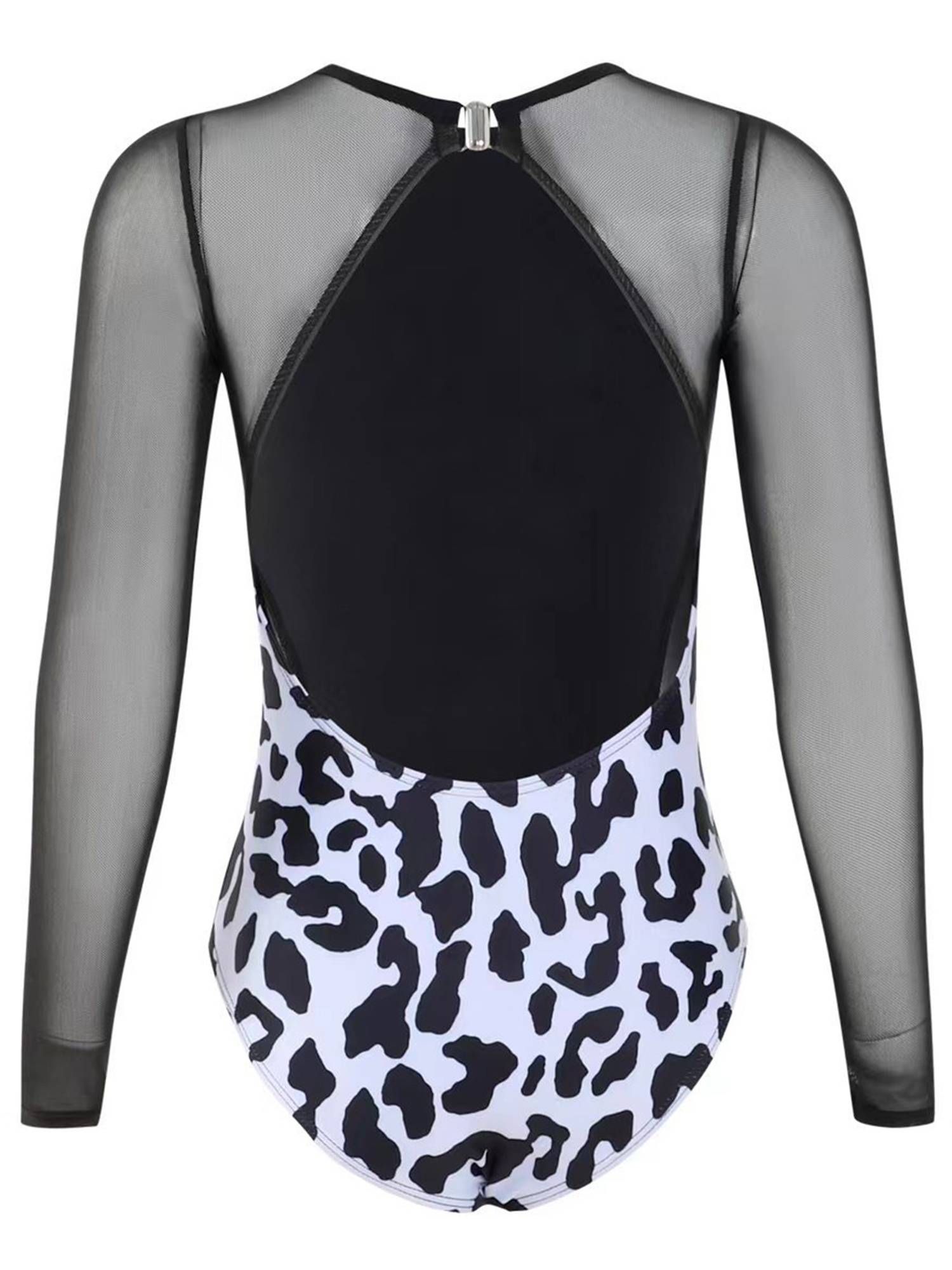 Girl Mesh Long Sleeve Backless Leopard Print One Piece Swimsuit