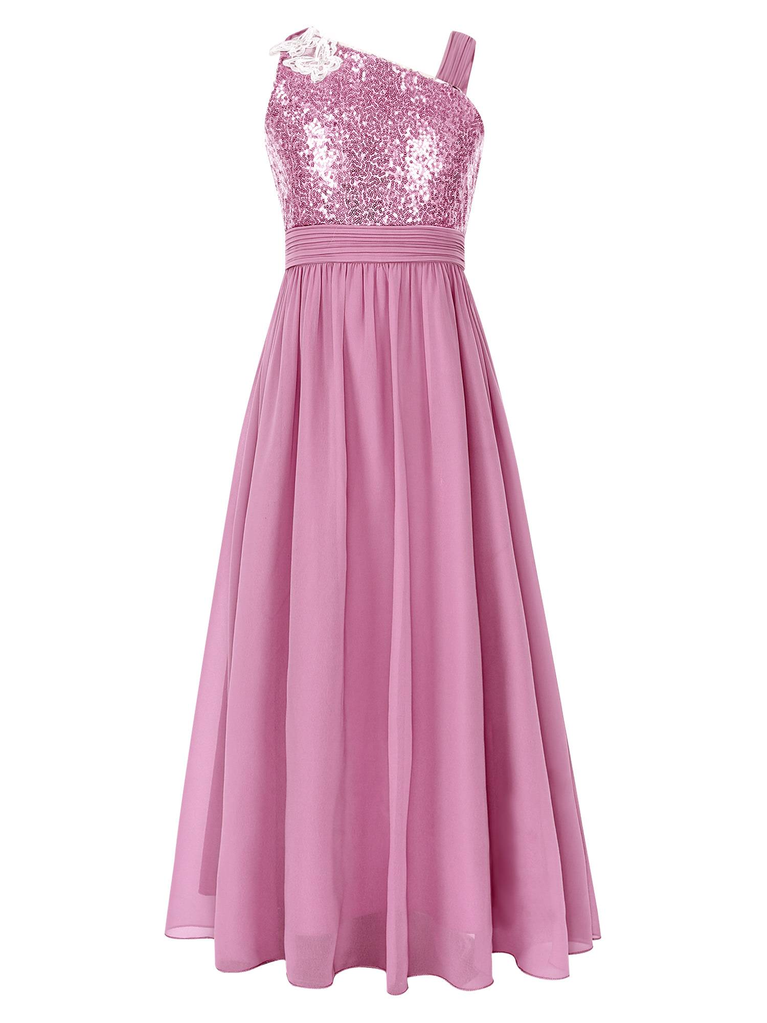 Girls Sleeveless Sequins Butterfly Bowknot A Line Junior Bridesmaid Dress