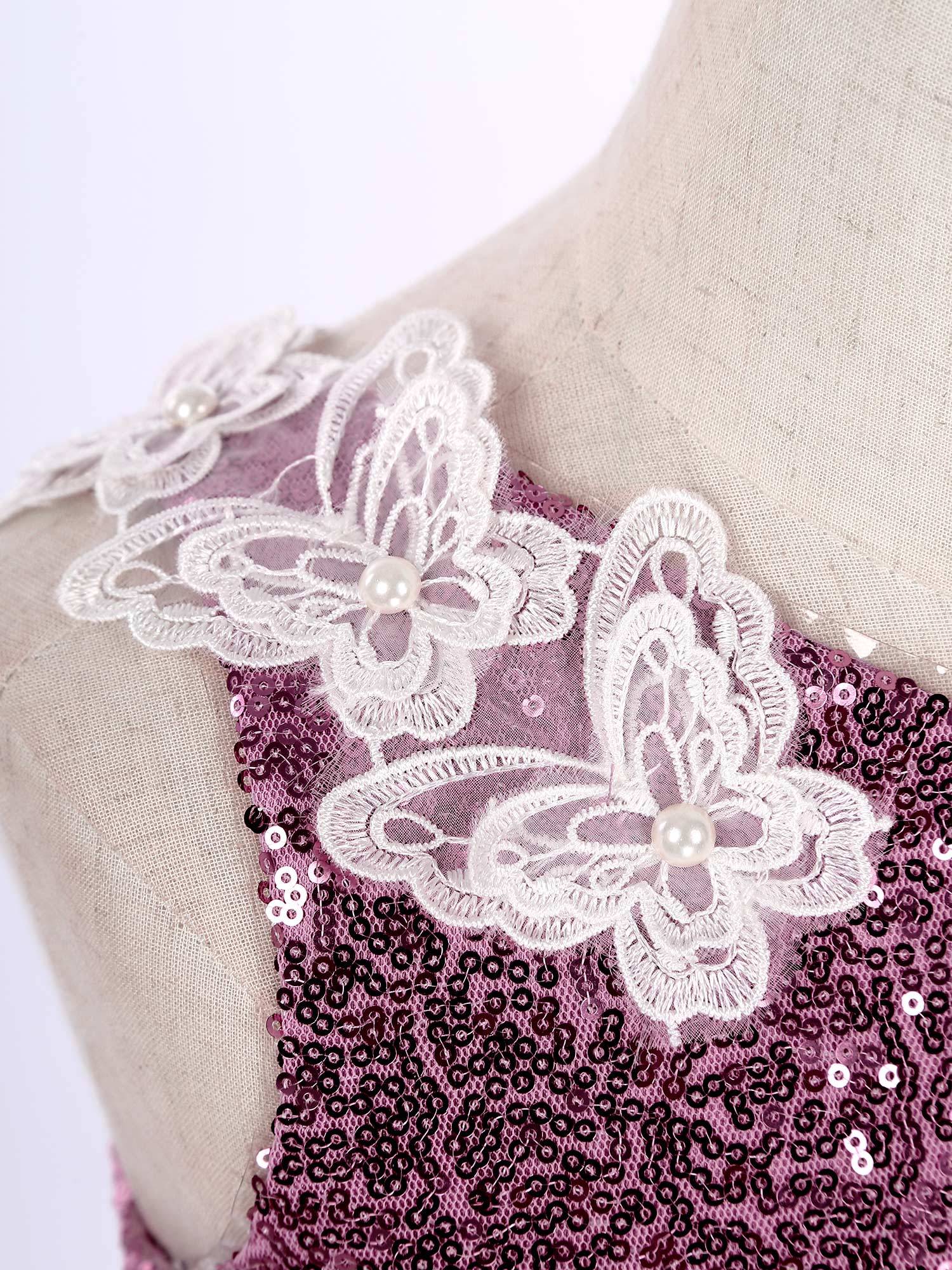 Girls Sleeveless Sequins Butterfly Bowknot A Line Junior Bridesmaid Dress