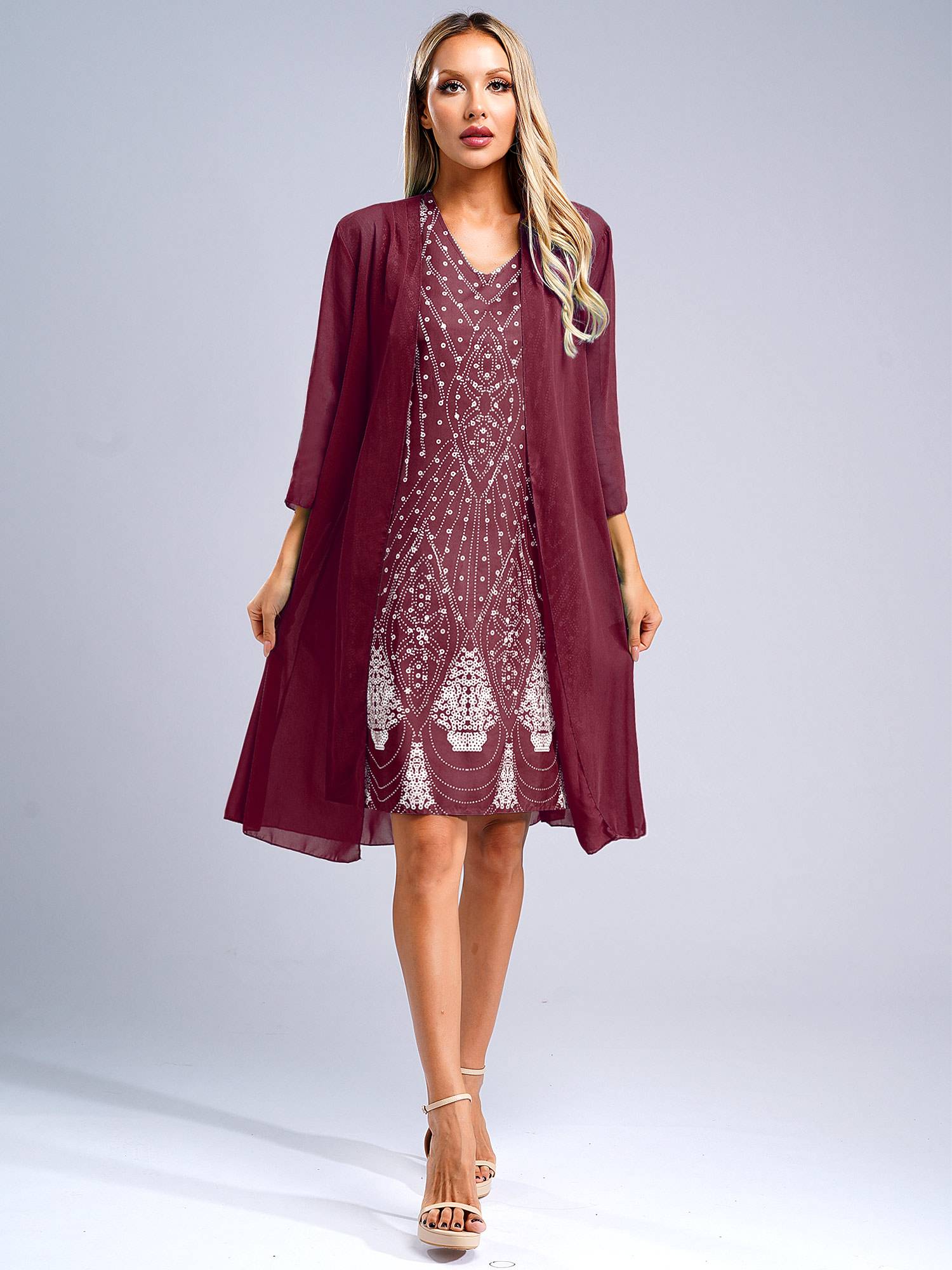 Women 2pcs V Neck Tank Dress with Long Sleeve Tulle Cover Up Set