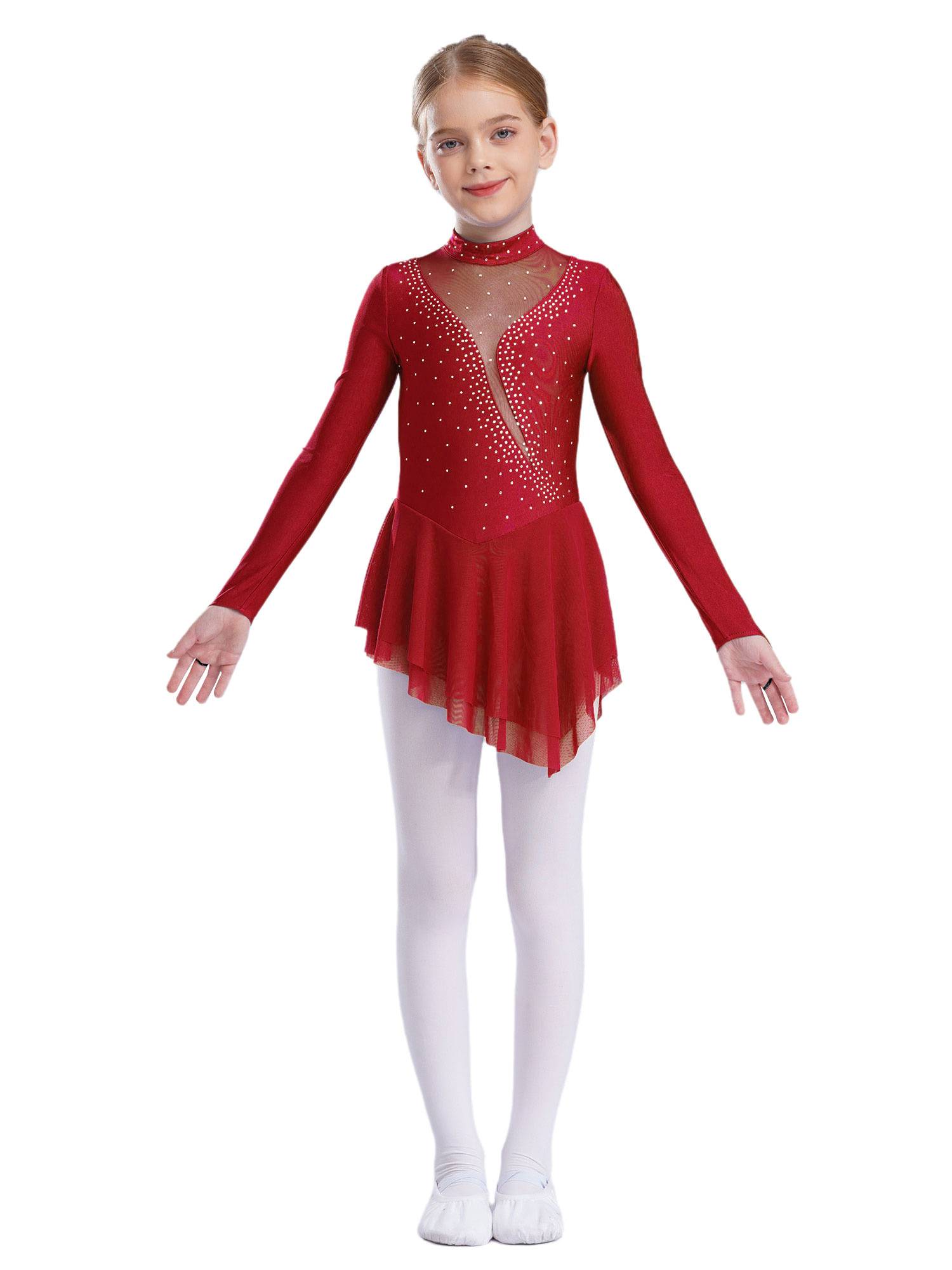 Kids Girls Long Sleeve Mesh Rhinestones Asymmetrical Skating Leotard Dress