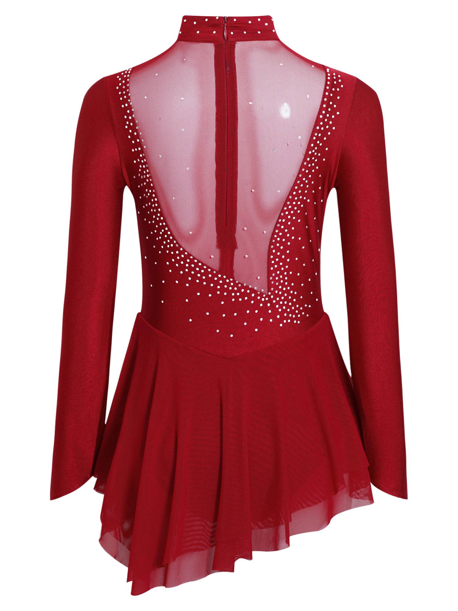 Kids Girls Long Sleeve Mesh Rhinestones Asymmetrical Skating Leotard Dress