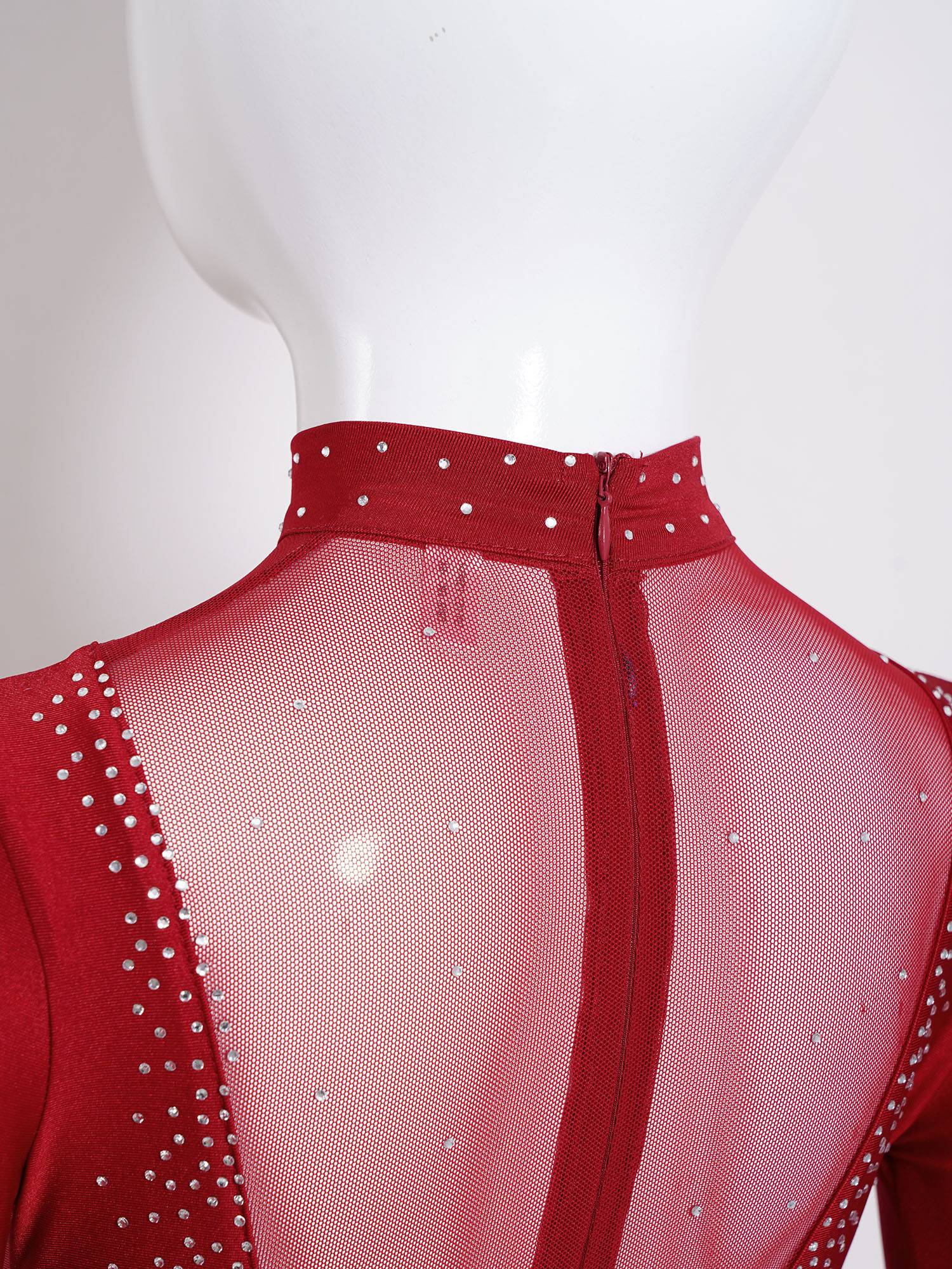 Kids Girls Long Sleeve Mesh Rhinestones Asymmetrical Skating Leotard Dress