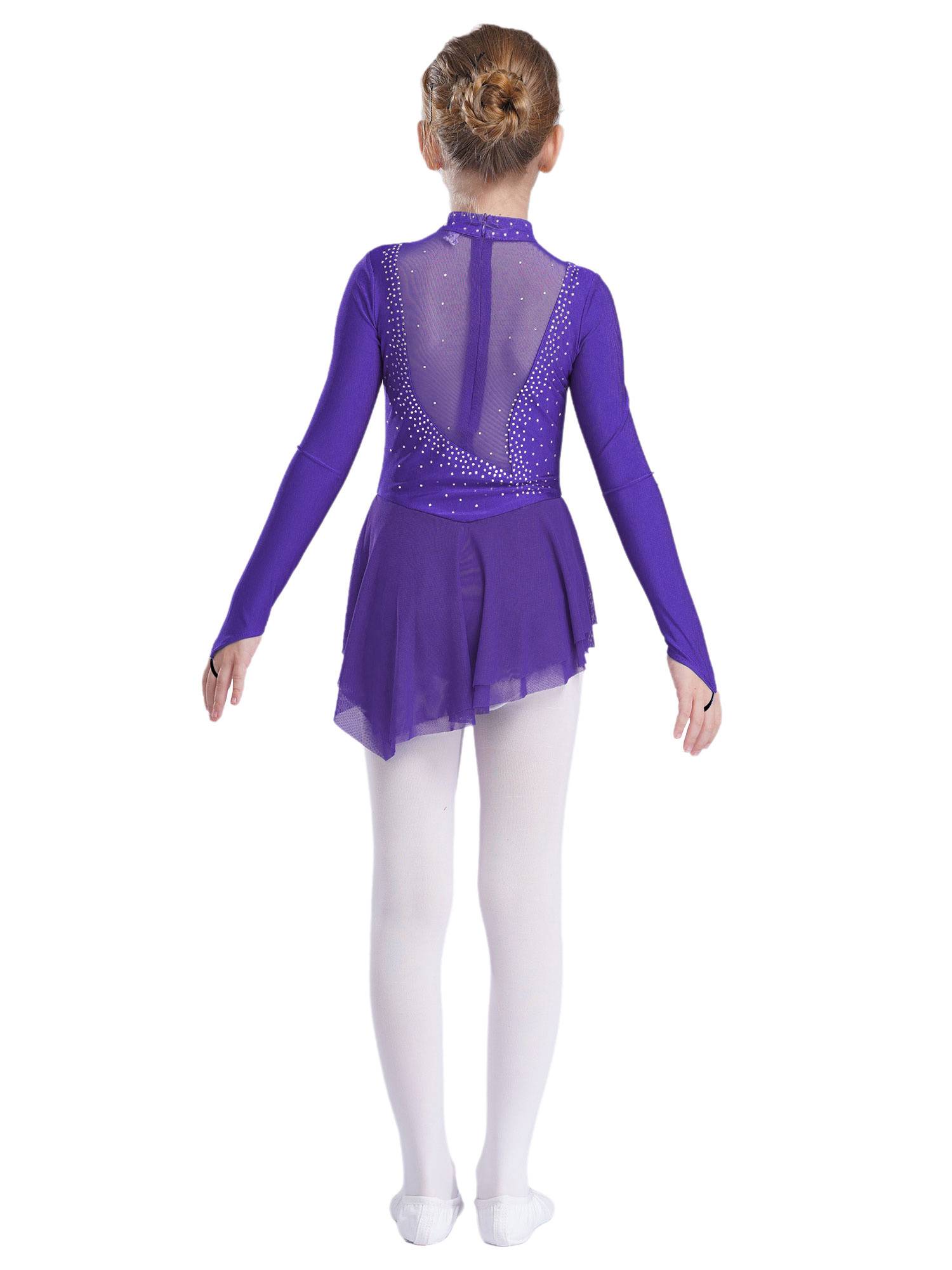 Kids Girls Long Sleeve Mesh Rhinestones Asymmetrical Skating Leotard Dress