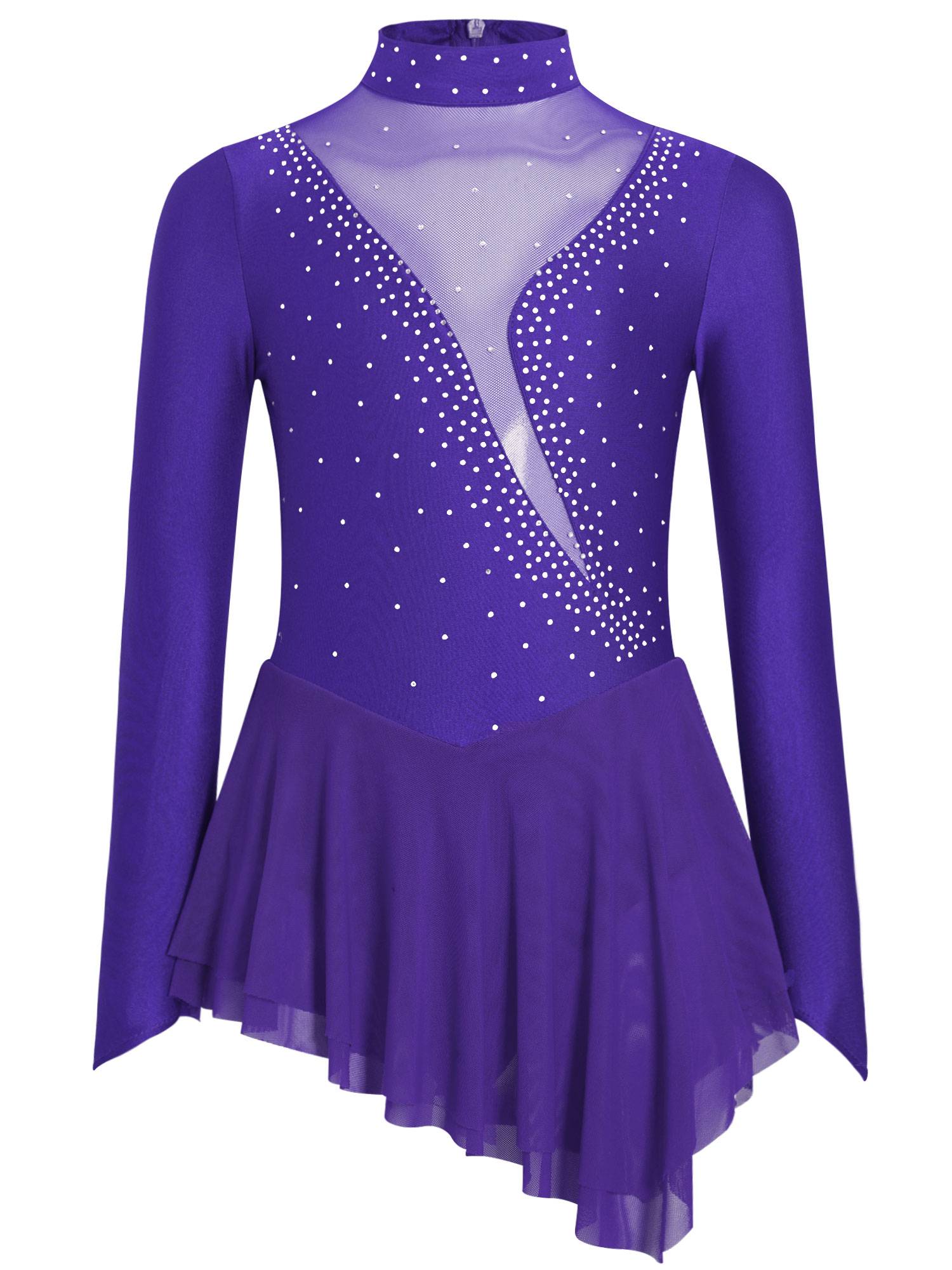 Kids Girls Long Sleeve Mesh Rhinestones Asymmetrical Skating Leotard Dress