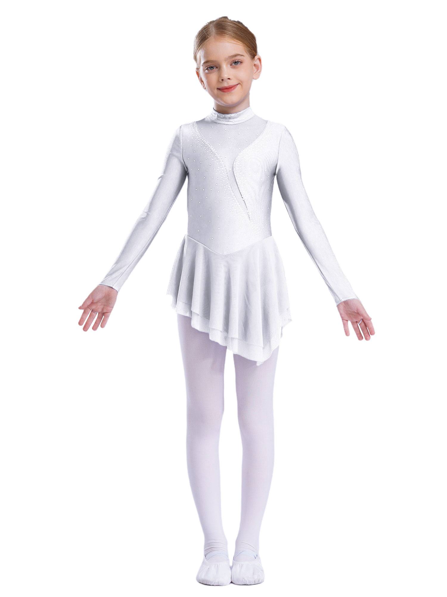 Kids Girls Long Sleeve Mesh Rhinestones Asymmetrical Skating Leotard Dress