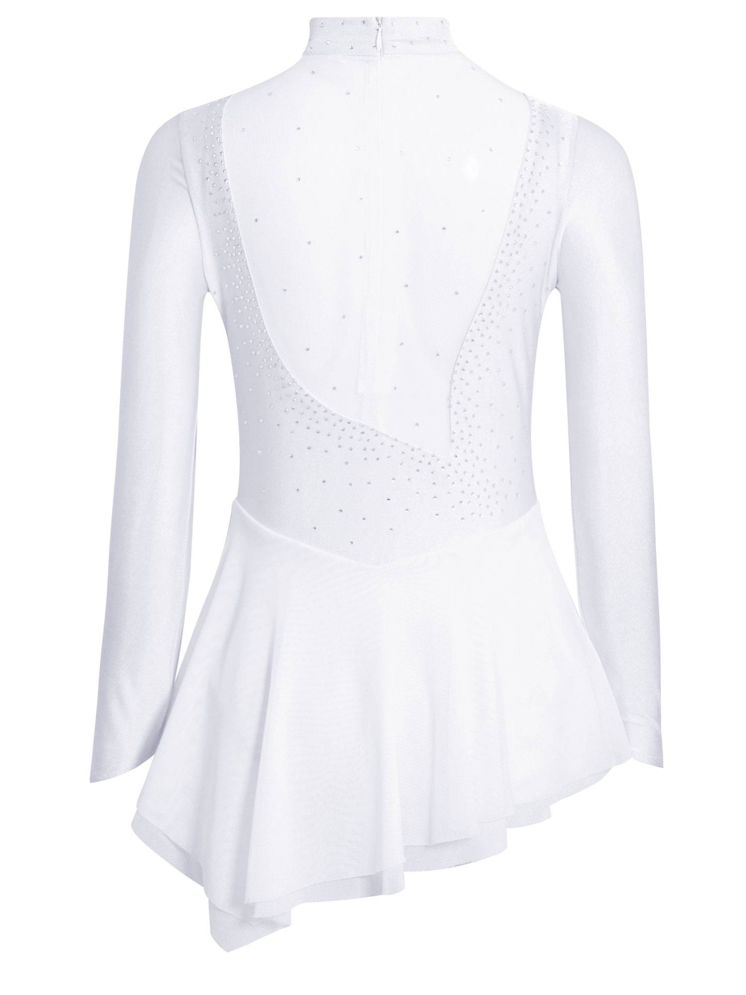 Kids Girls Long Sleeve Mesh Rhinestones Asymmetrical Skating Leotard Dress