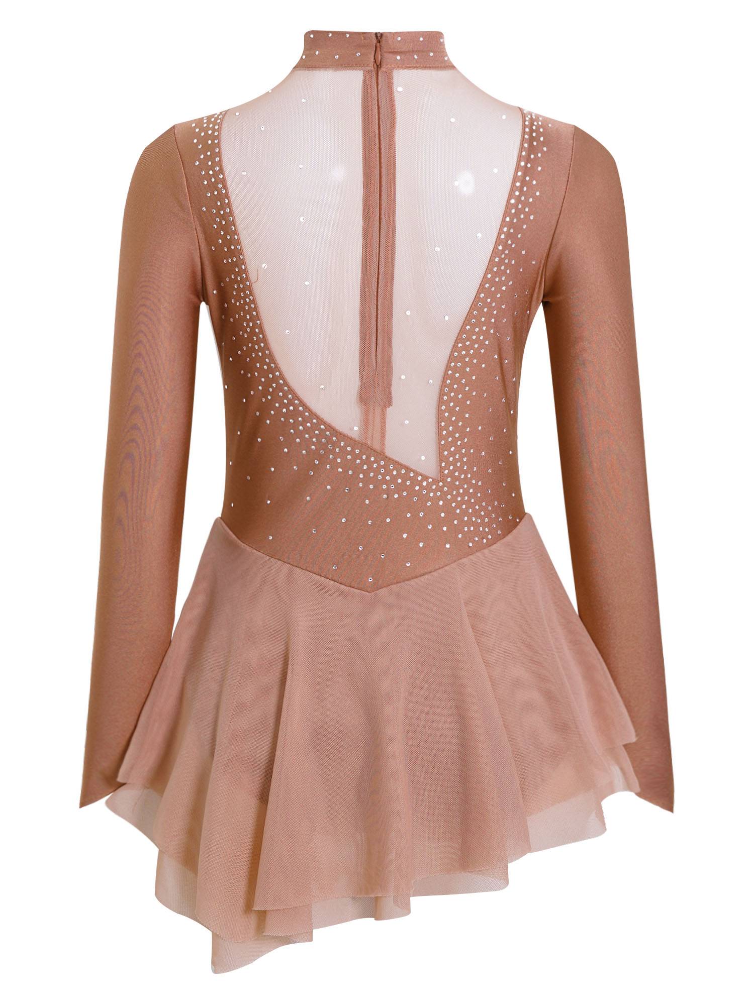 Kids Girls Long Sleeve Mesh Rhinestones Asymmetrical Skating Leotard Dress