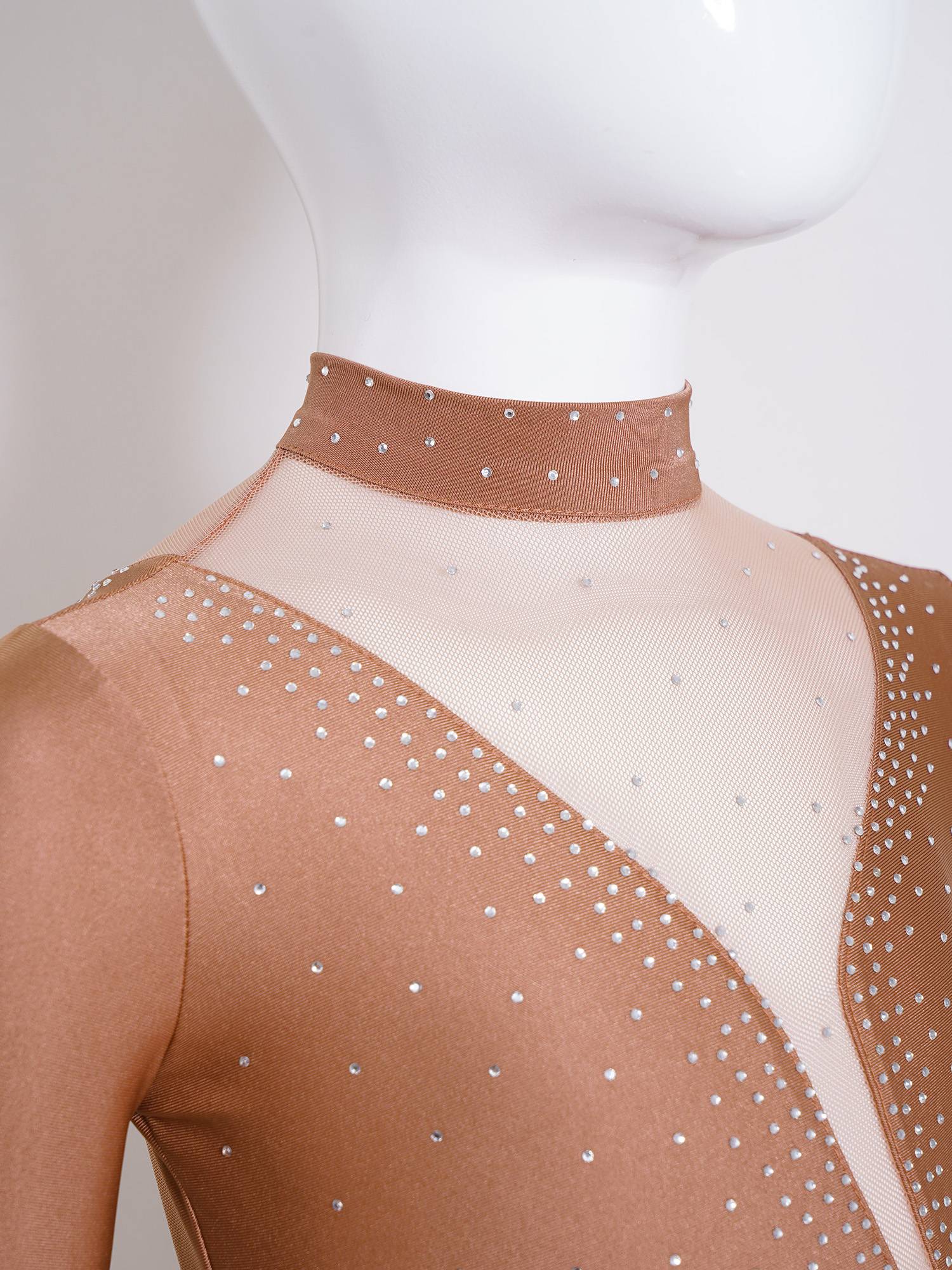 Kids Girls Long Sleeve Mesh Rhinestones Asymmetrical Skating Leotard Dress