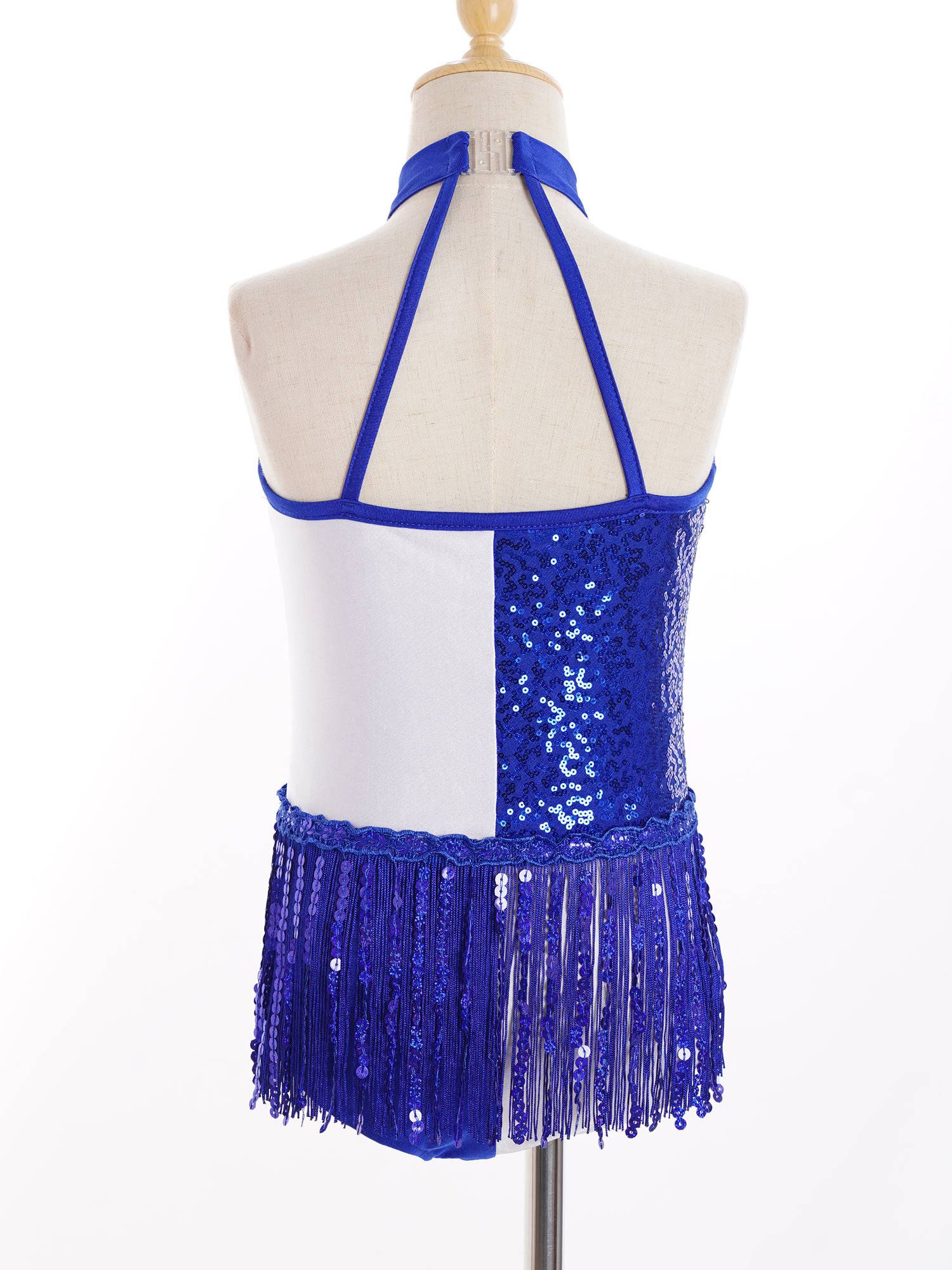 Girls Sequin Tassel Latin Dance Dress Sleeveless Color Block Jazz Costume