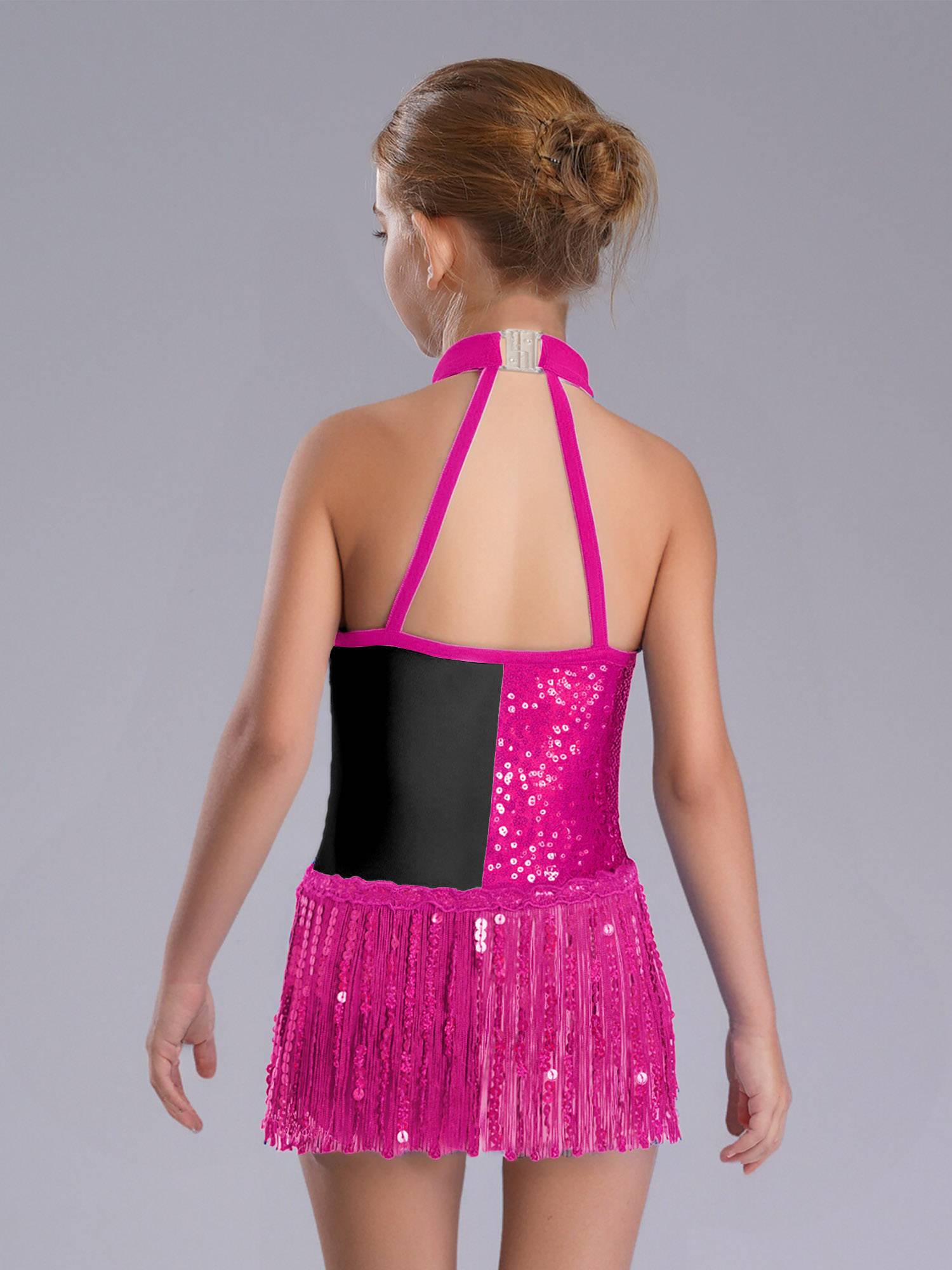 Girls Sequin Tassel Latin Dance Dress Sleeveless Color Block Jazz Costume