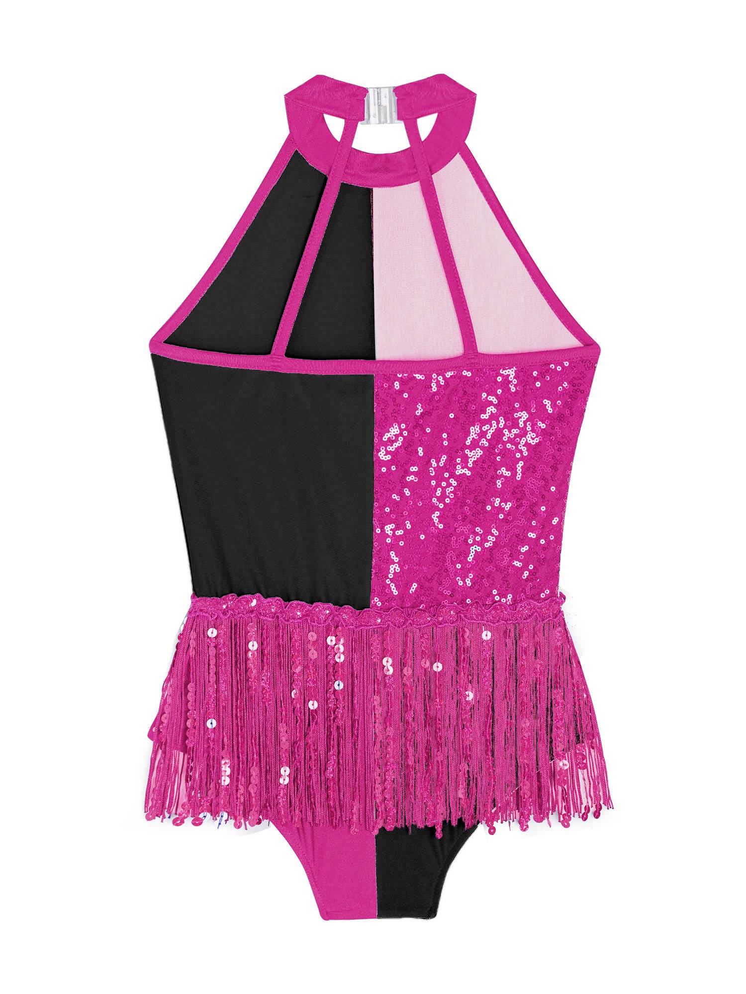 Girls Sequin Tassel Latin Dance Dress Sleeveless Color Block Jazz Costume