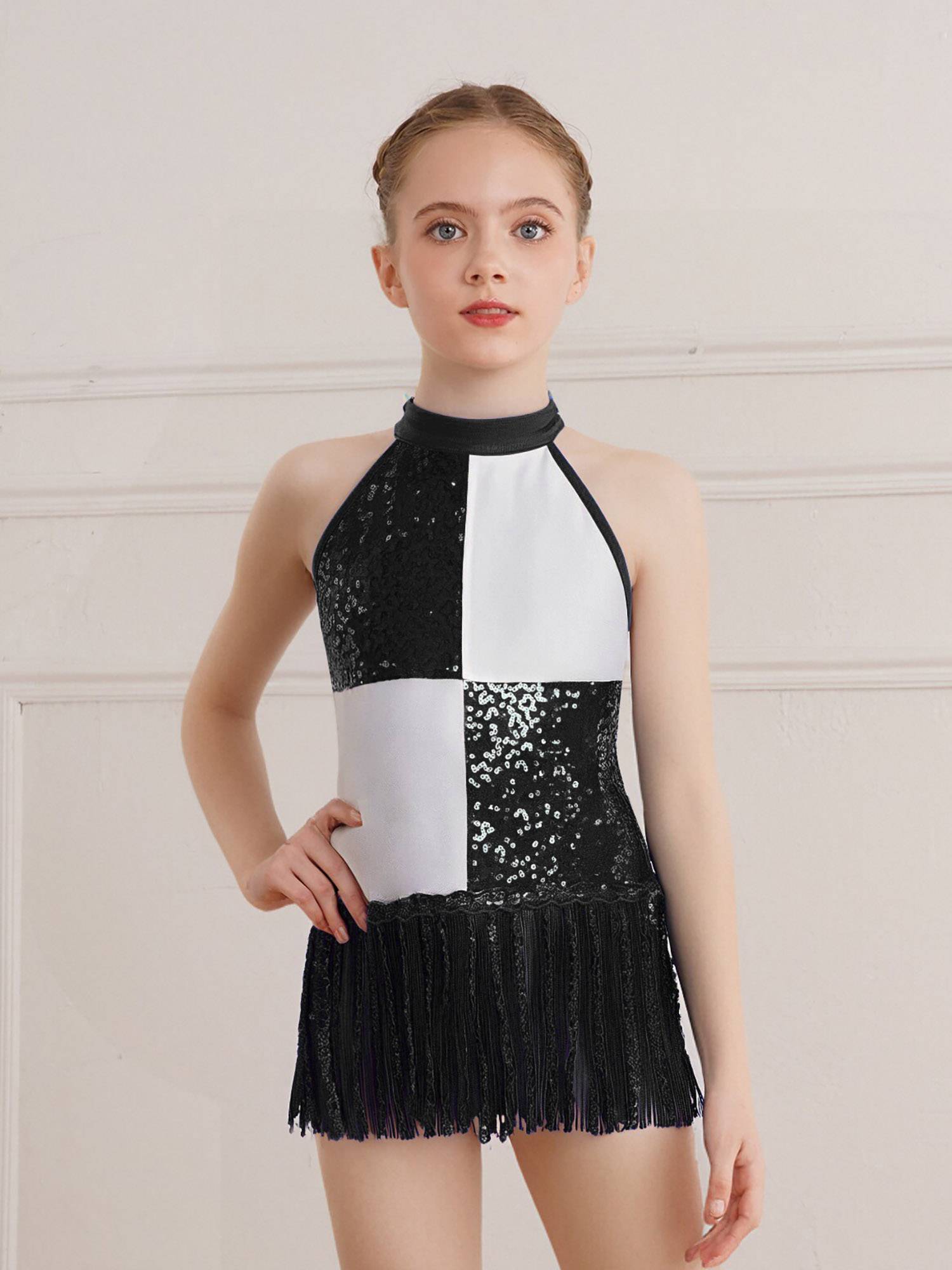 Girls Sequin Tassel Latin Dance Dress Sleeveless Color Block Jazz Costume