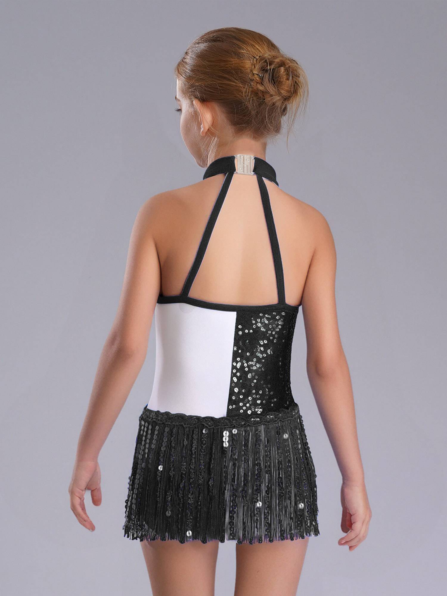 Girls Sequin Tassel Latin Dance Dress Sleeveless Color Block Jazz Costume