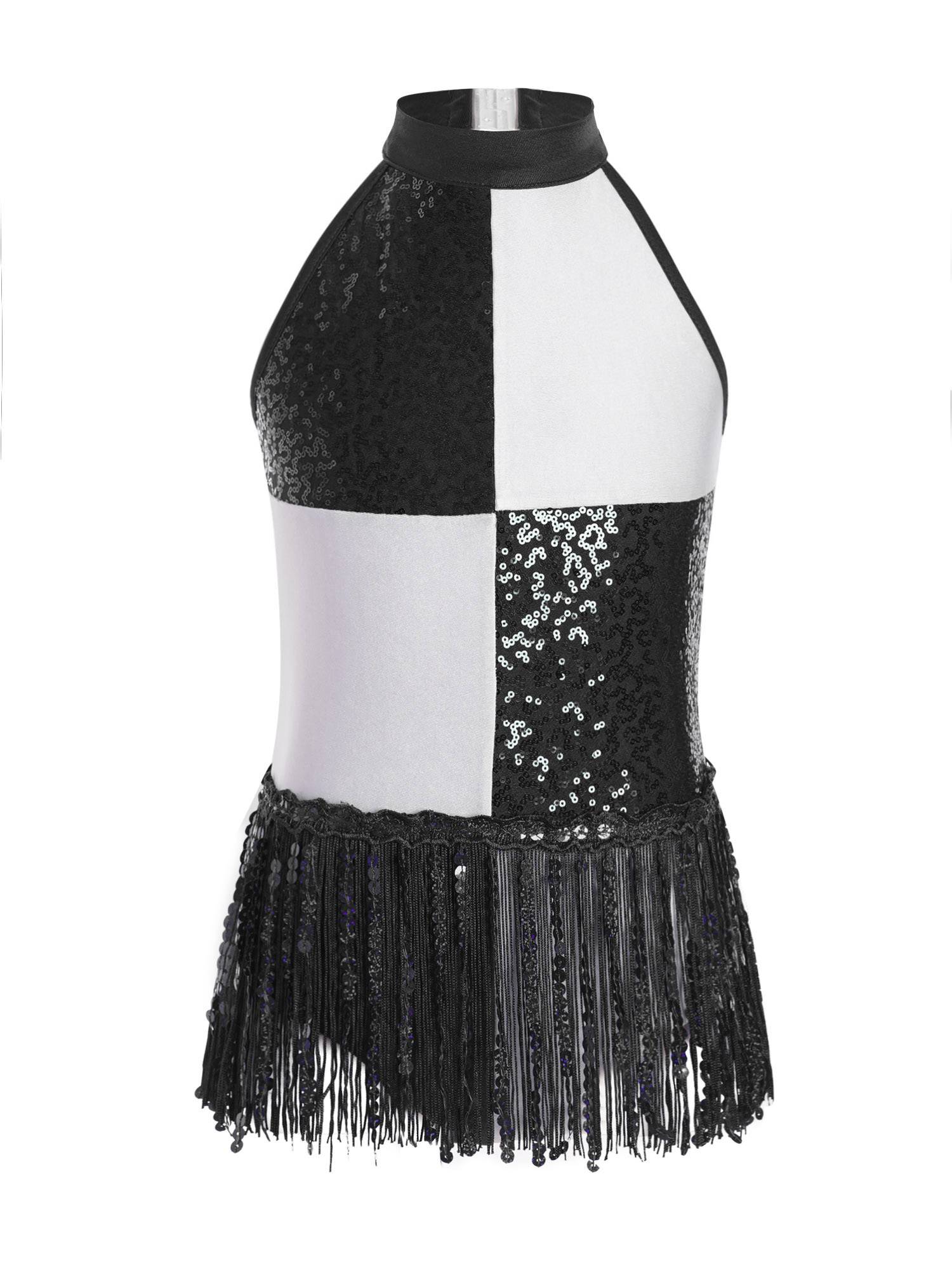 Girls Sequin Tassel Latin Dance Dress Sleeveless Color Block Jazz Costume