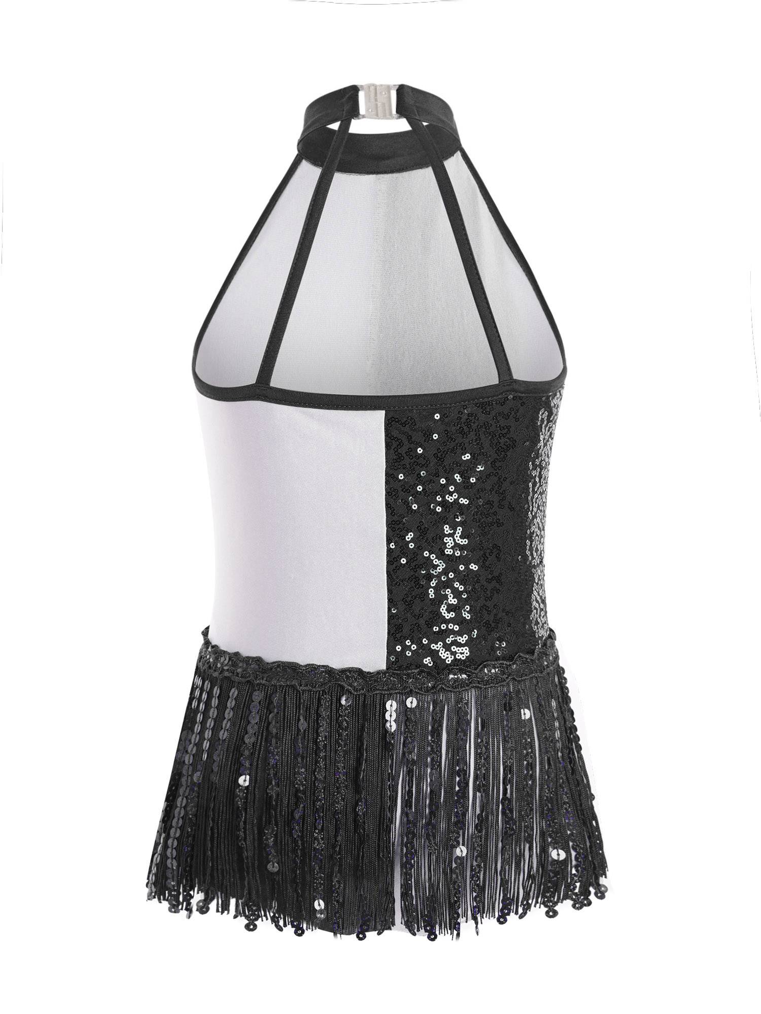 Girls Sequin Tassel Latin Dance Dress Sleeveless Color Block Jazz Costume