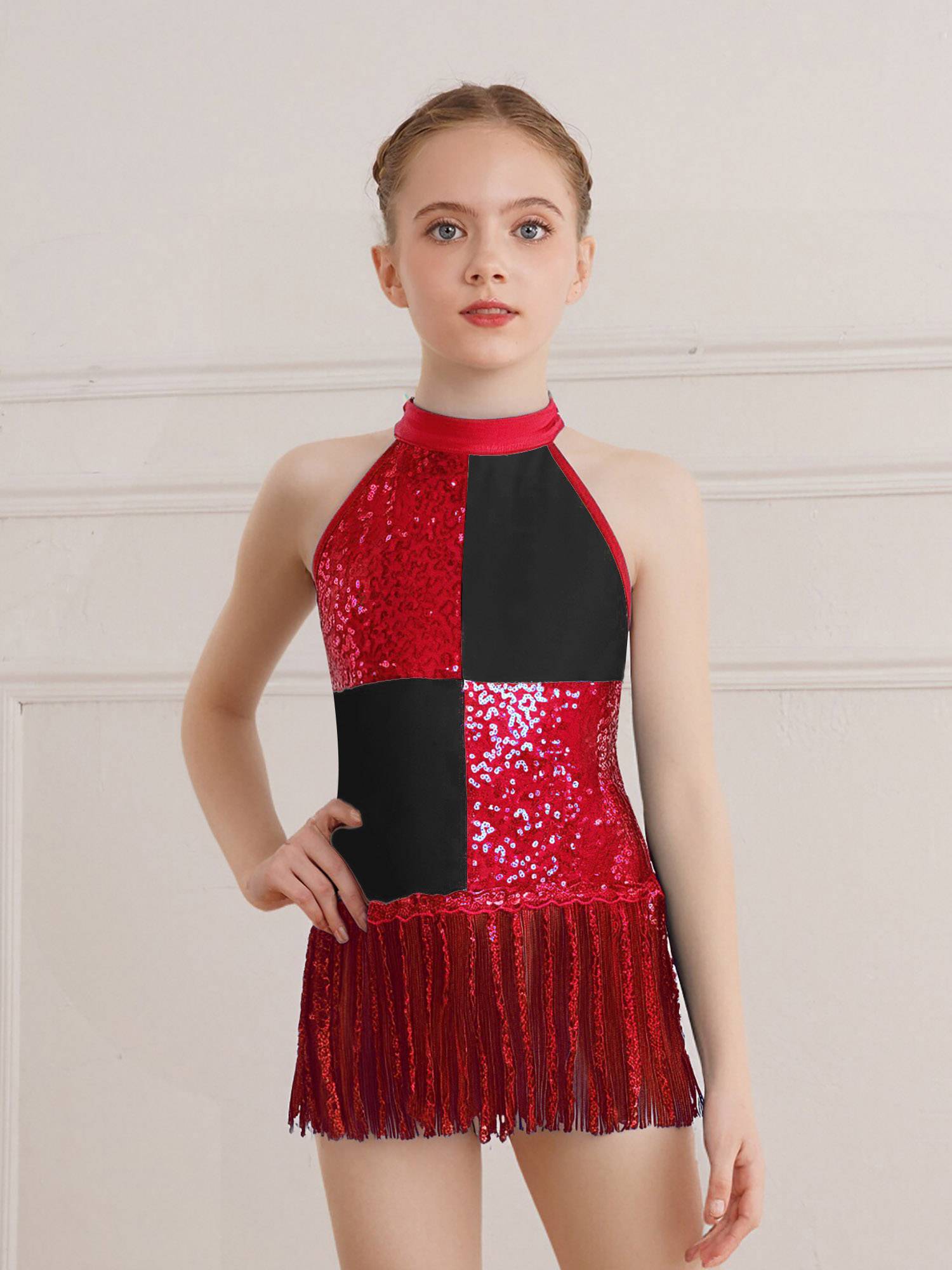 Girls Sequin Tassel Latin Dance Dress Sleeveless Color Block Jazz Costume