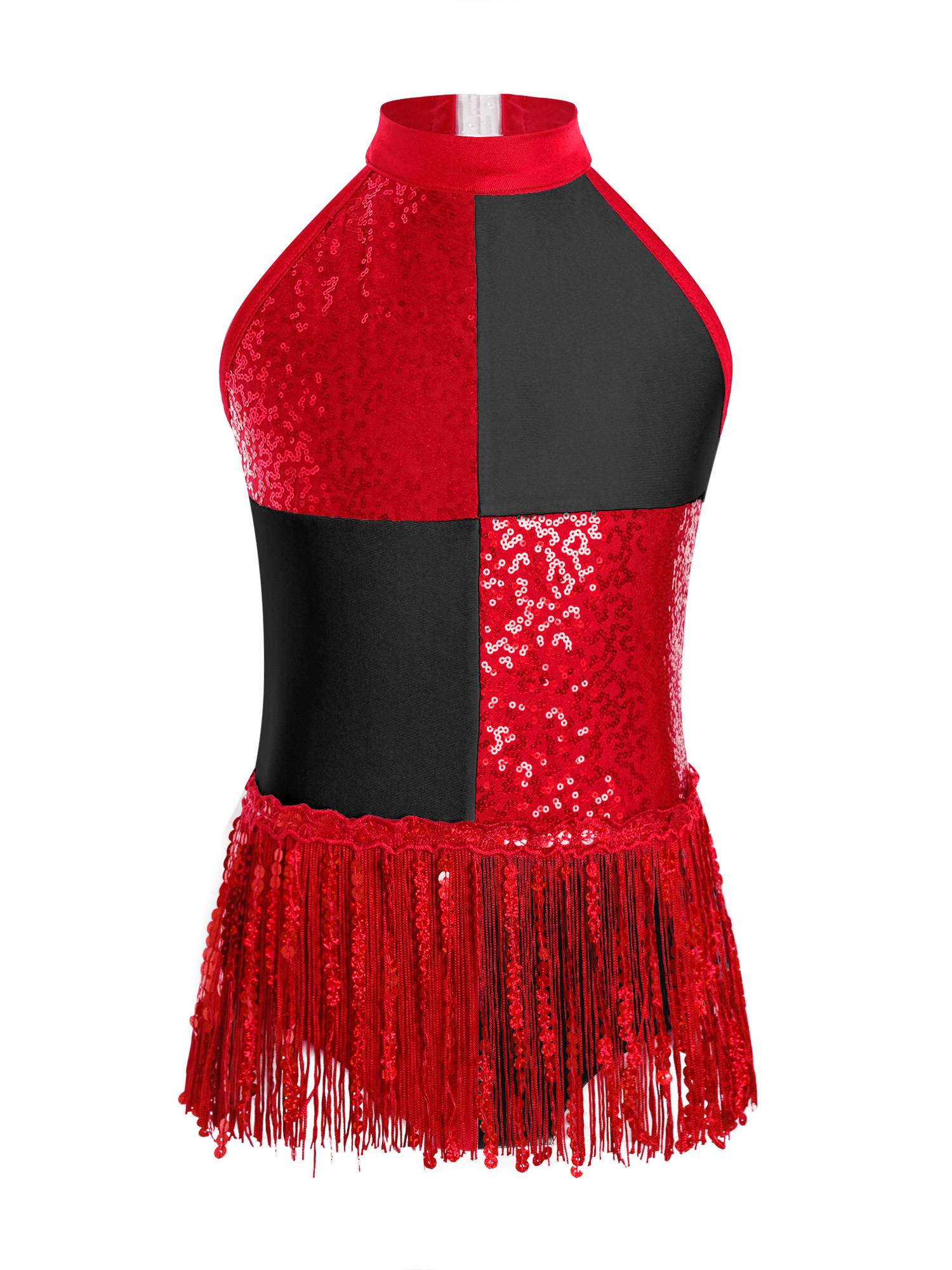 Girls Sequin Tassel Latin Dance Dress Sleeveless Color Block Jazz Costume