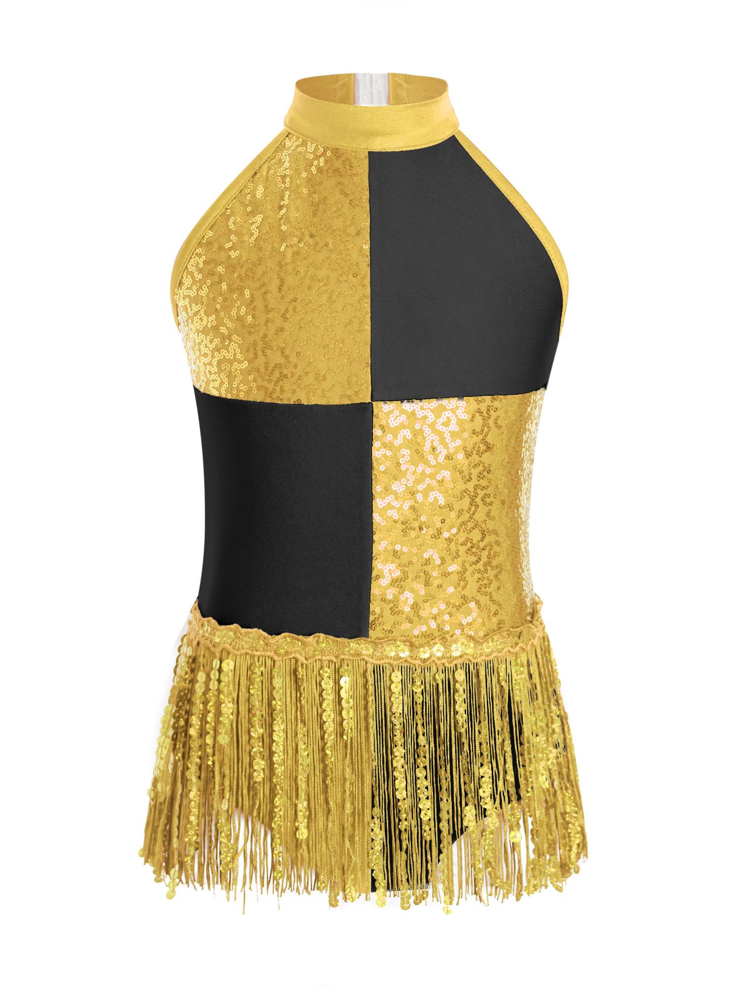 Girls Sequin Tassel Latin Dance Dress Sleeveless Color Block Jazz Costume