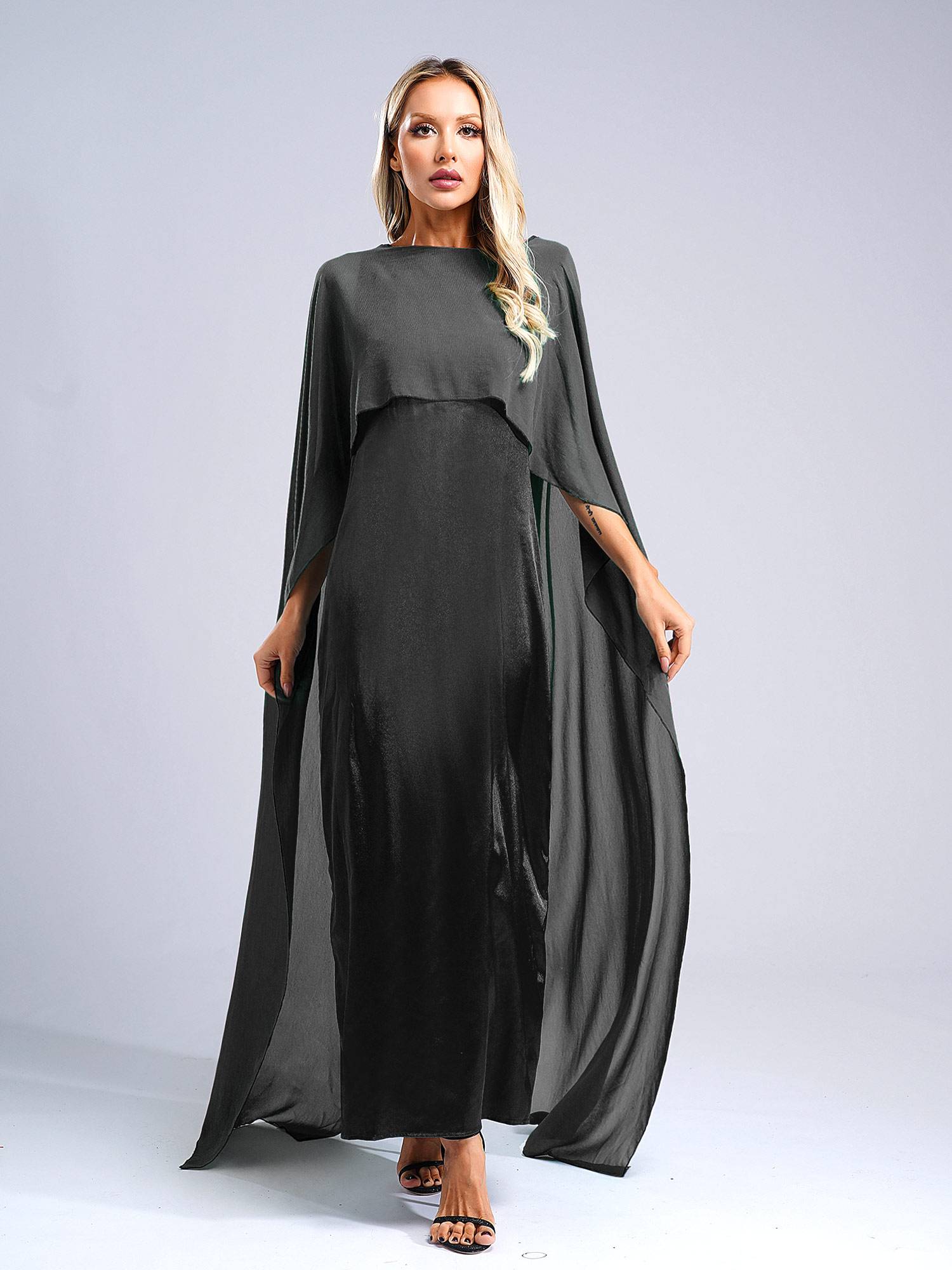 Women Long Robe Round Neck Satin Party Dress with Chiffon Cape