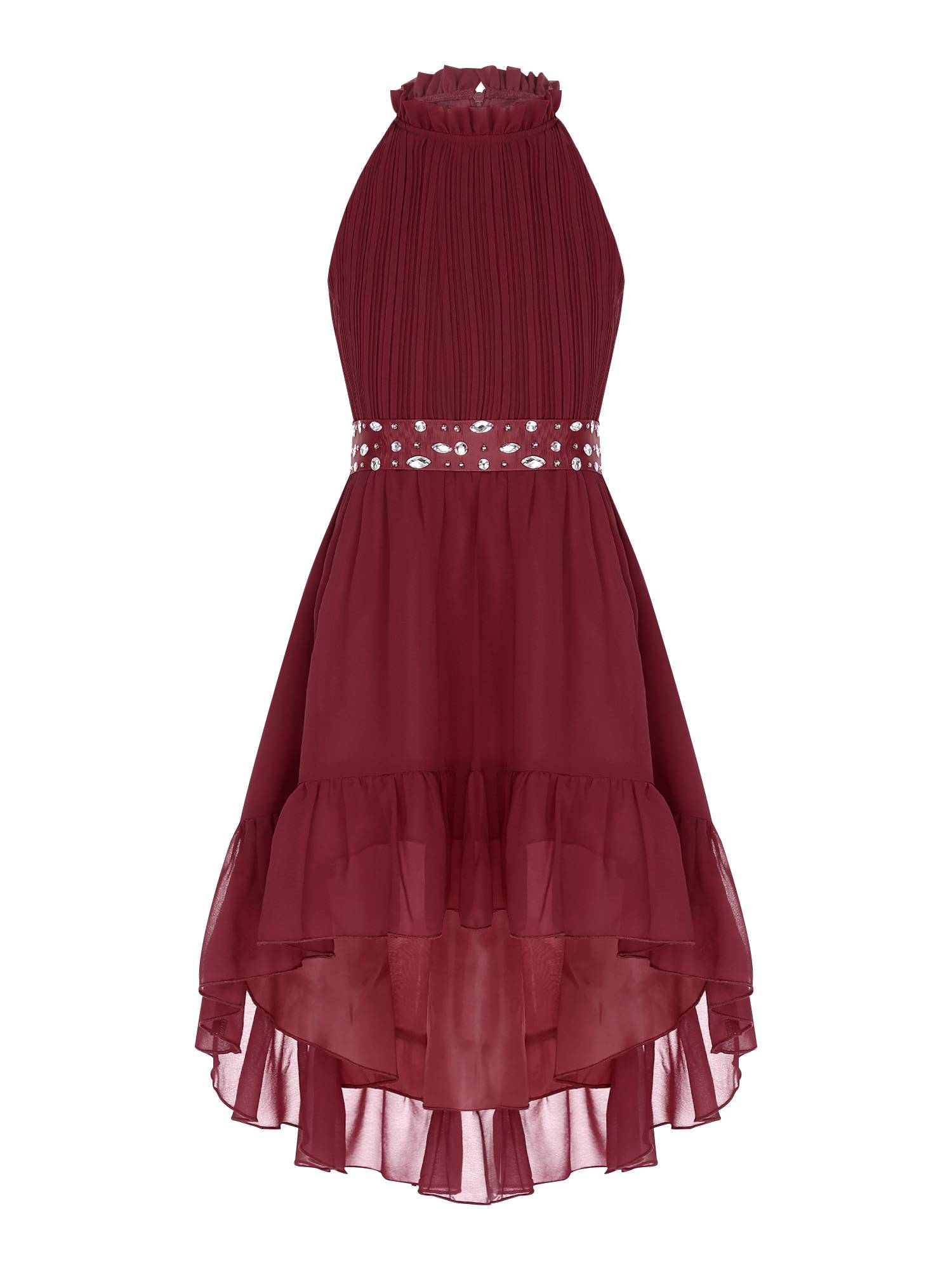 Kids Girls Sleeveless Beaded Belt Pleated Bodice Ruffled Hi-lo Party Dress