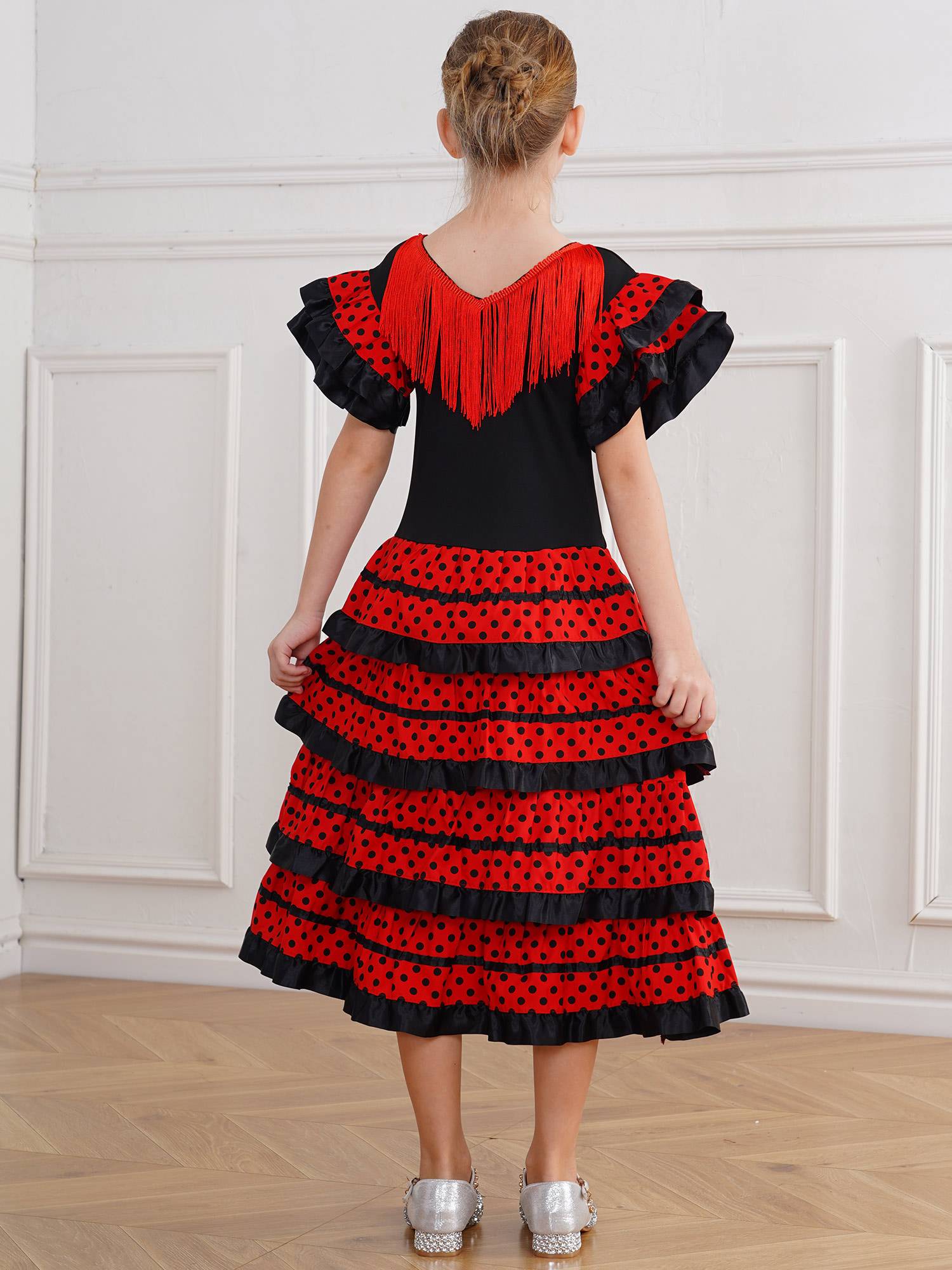 Kids Girls Short Sleeve Tassel V Neck Tiered Ruffles Flamenco Dress