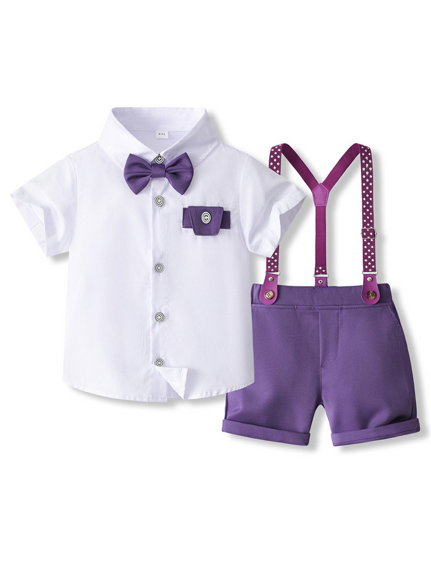 Toddler Boys Short Sleeve Shirt with Bowtie and Suspenders Pants Formal Suit