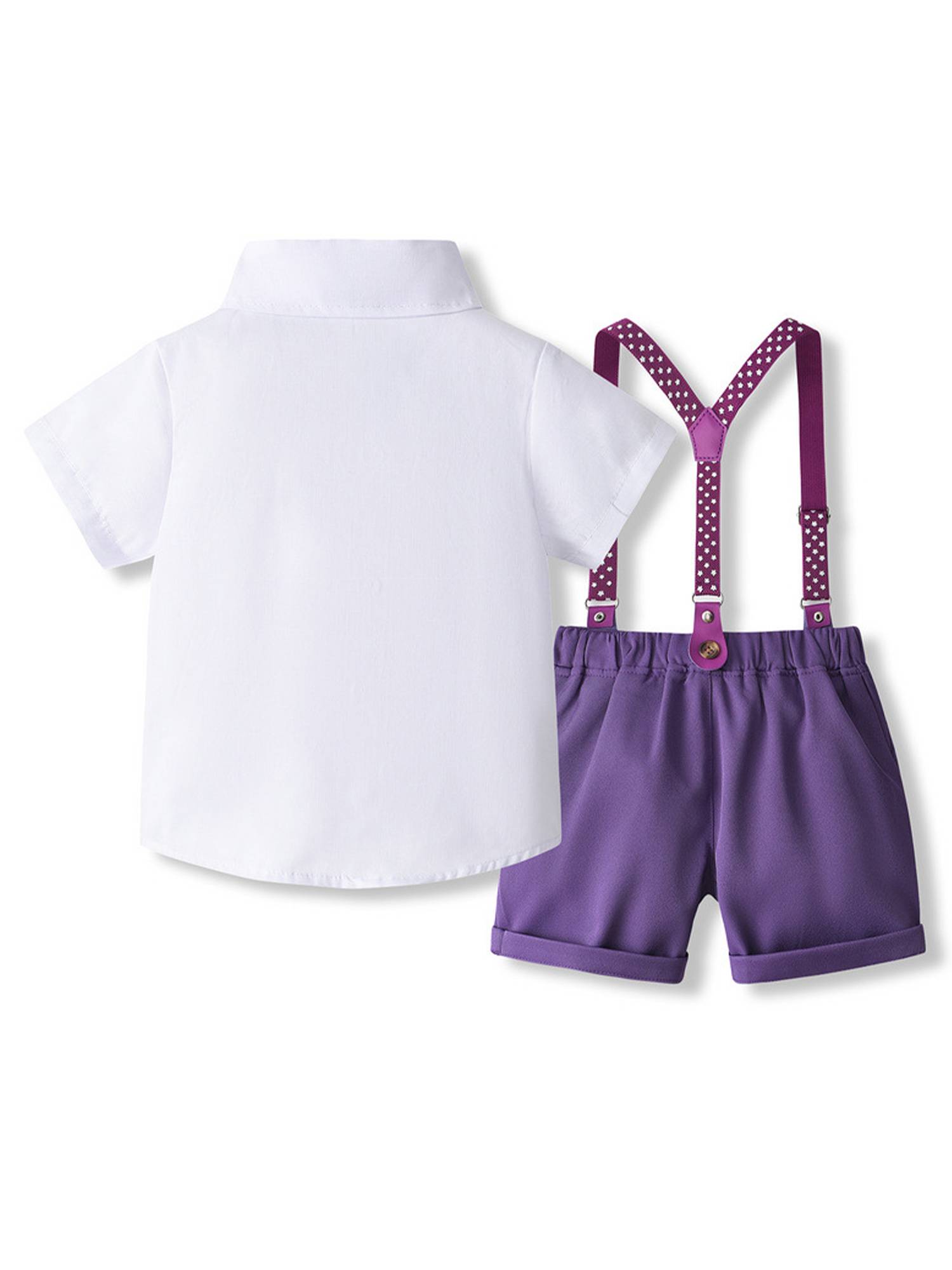 Toddler Boys Short Sleeve Shirt with Bowtie and Suspenders Pants Formal Suit