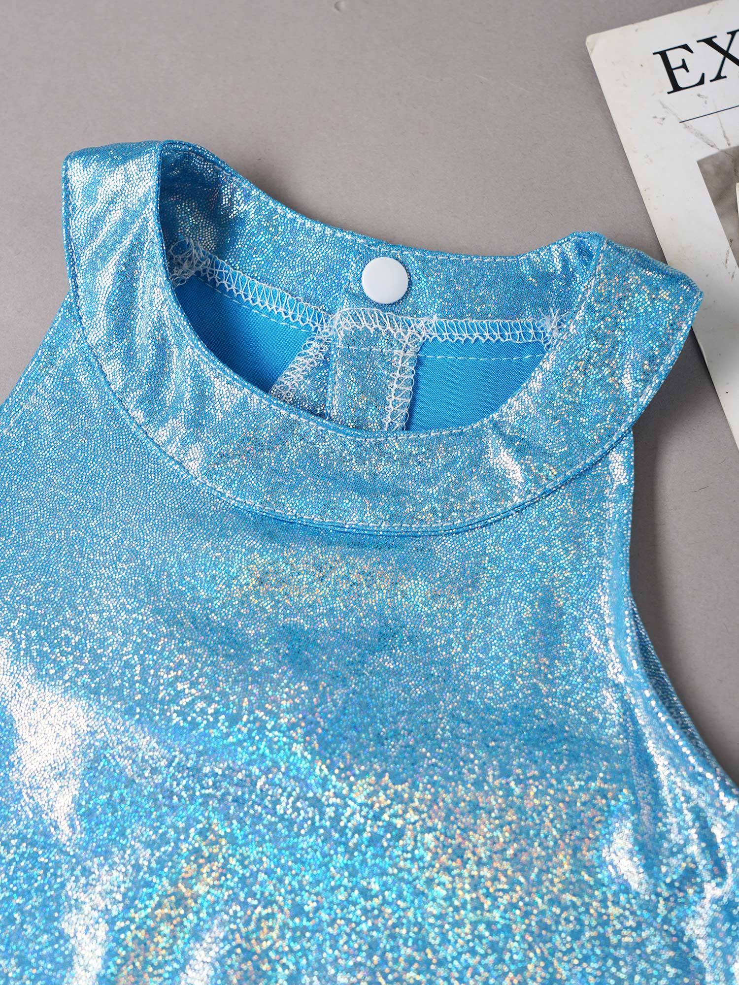 Kids Girls Metallic Sleeveless Halter Neck Jazz Dance Crop Top