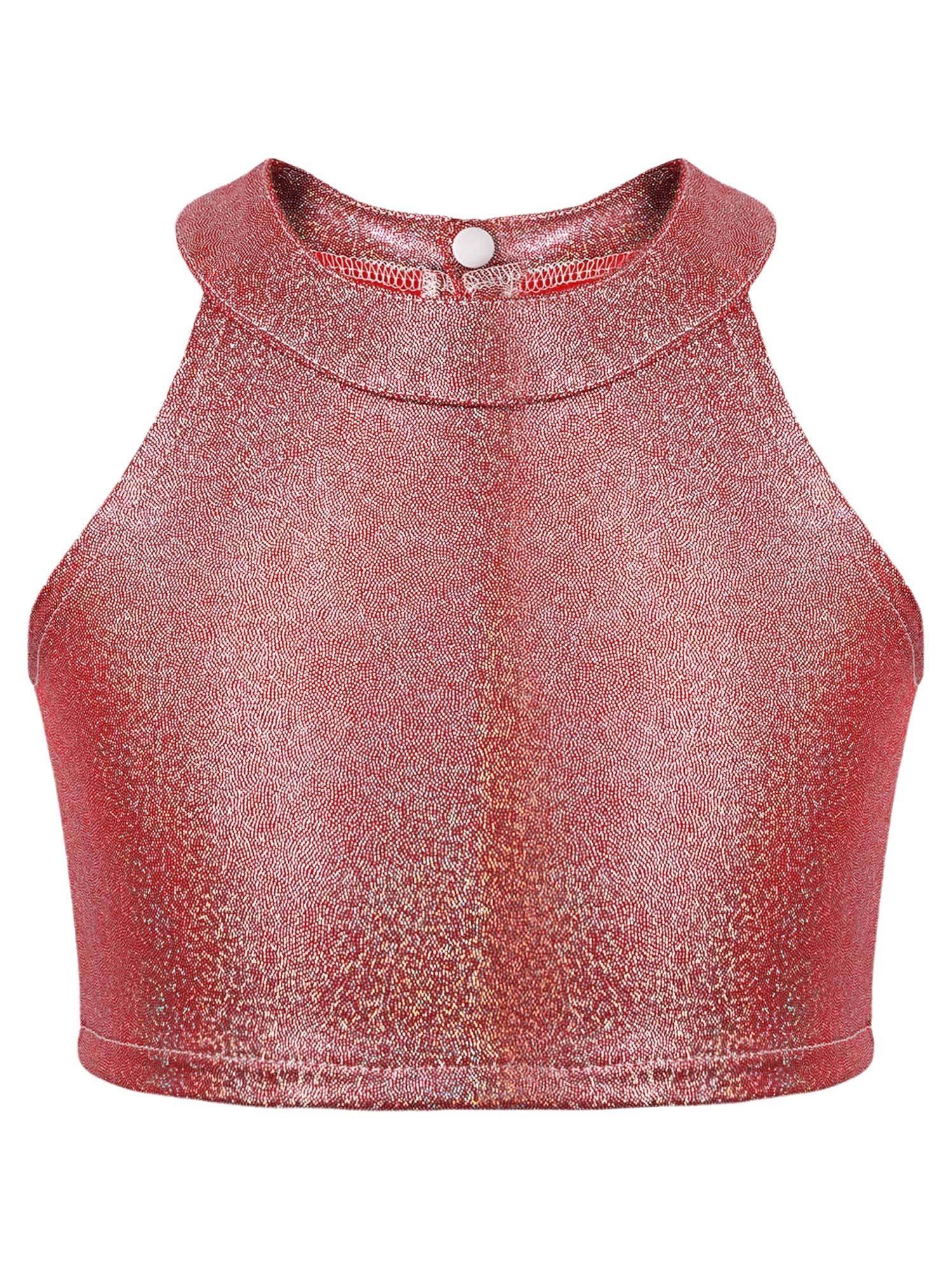 Kids Girls Metallic Sleeveless Halter Neck Jazz Dance Crop Top