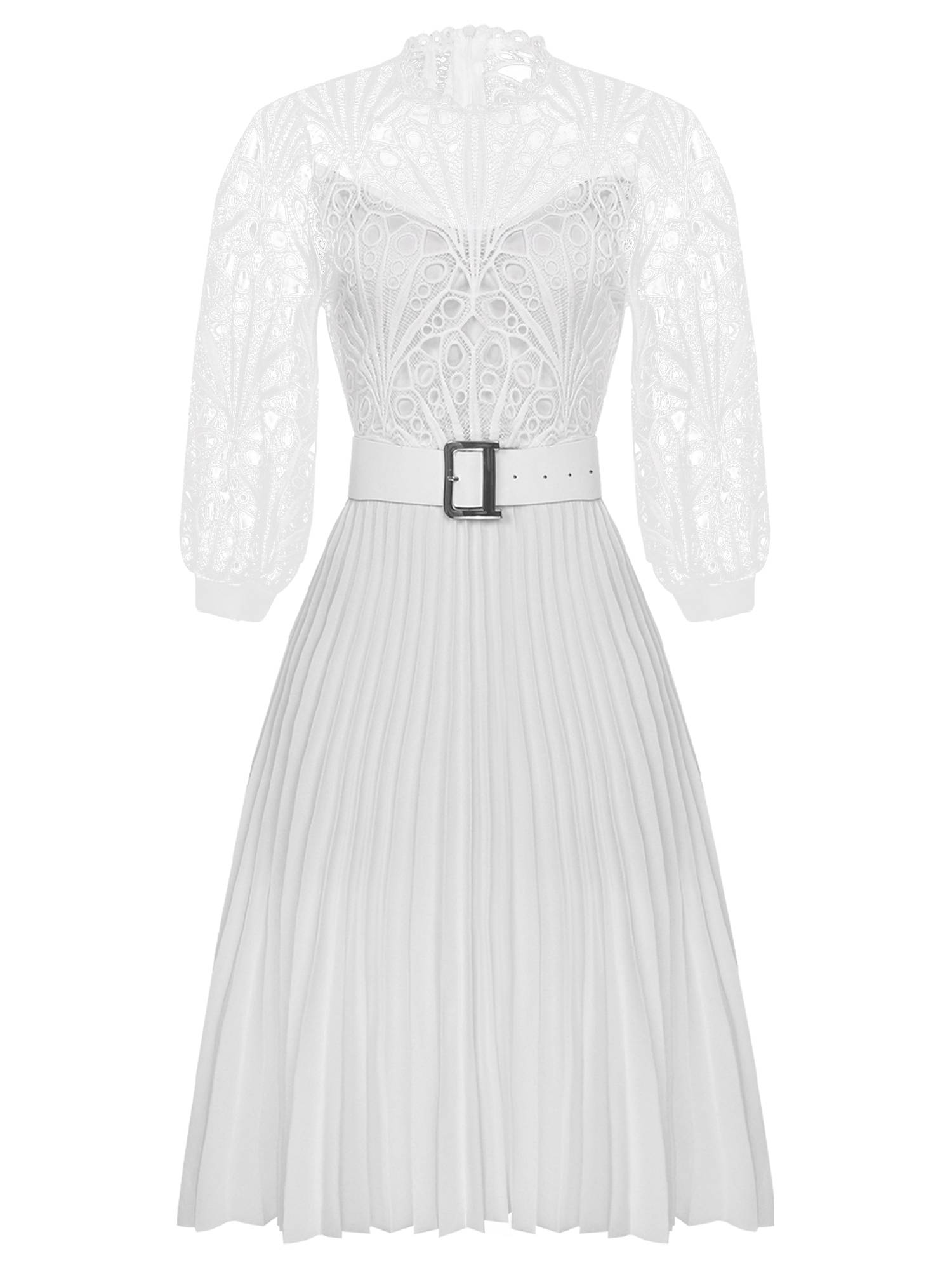 Women 3/4 Sleeve Lace Bodice High Waist A-line Party Dress with Belt