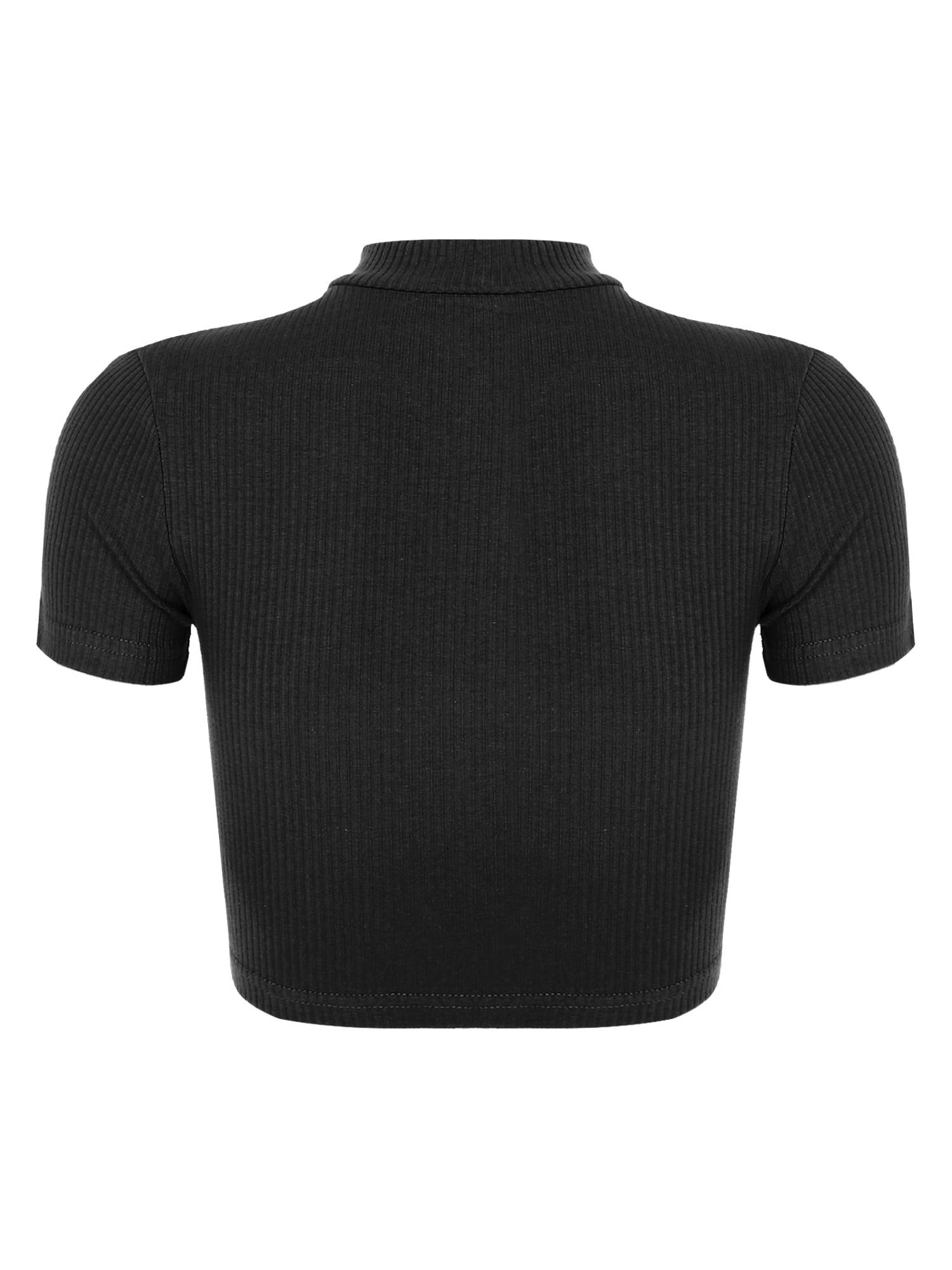 Women Stand Collar Short Sleeve Ribbed Front Zipper Sports Crop Top