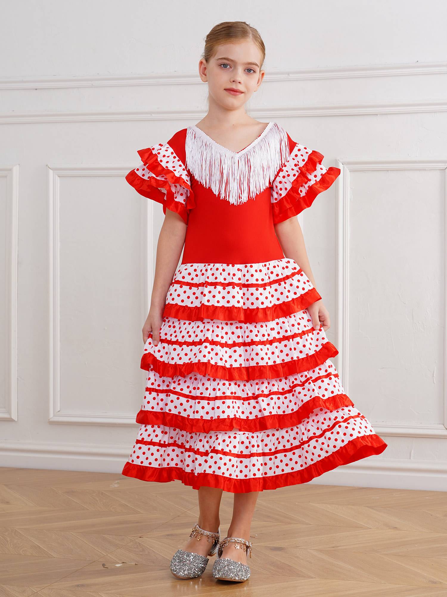 Kids Girls Short Sleeve Tassel V Neck Tiered Ruffles Flamenco Dress