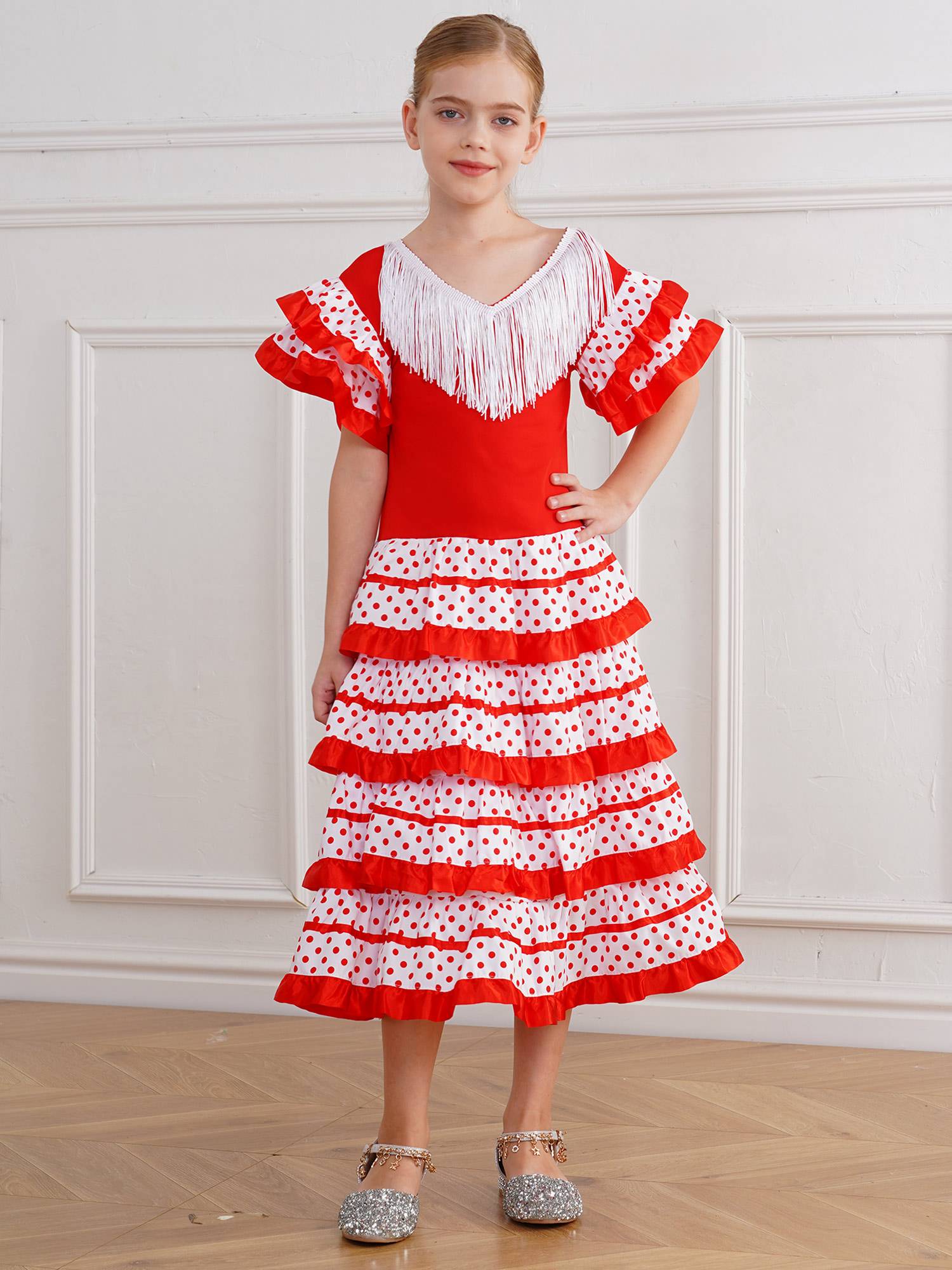 Kids Girls Short Sleeve Tassel V Neck Tiered Ruffles Flamenco Dress