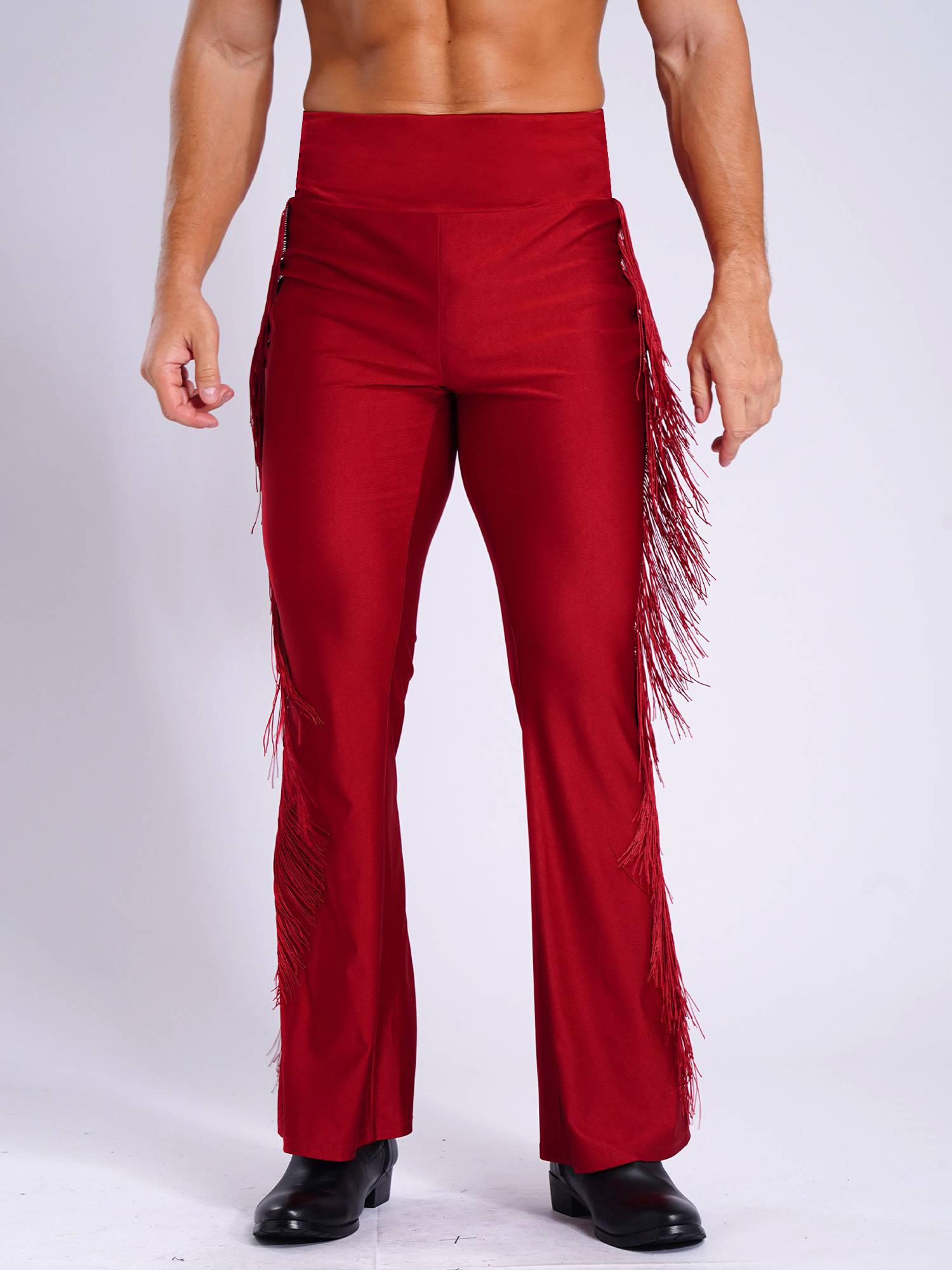 Men Tassel Flared Pants Vintage High Waist Bell-Bottom Trousers for Jazz Dance