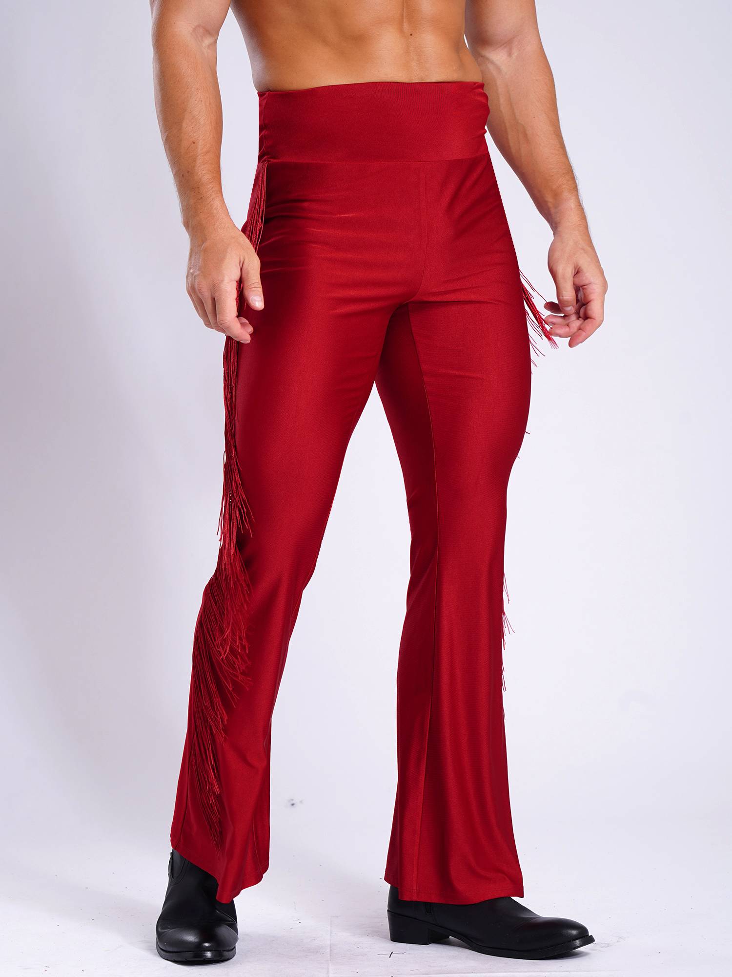 Men Tassel Flared Pants Vintage High Waist Bell-Bottom Trousers for Jazz Dance