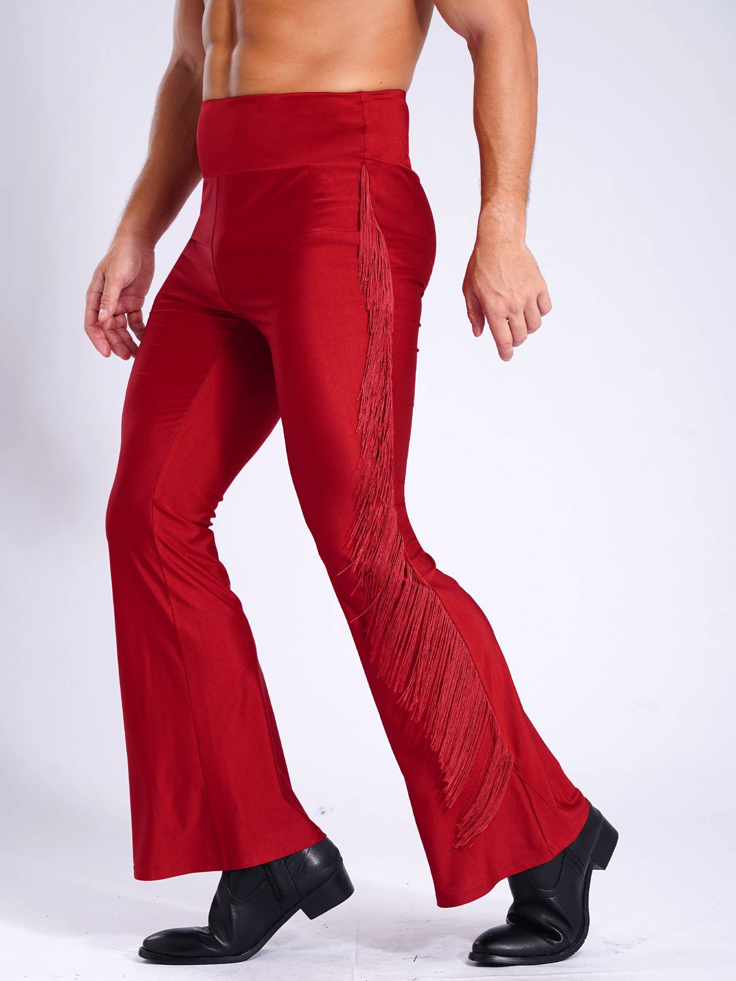 Men Tassel Flared Pants Vintage High Waist Bell-Bottom Trousers for Jazz Dance