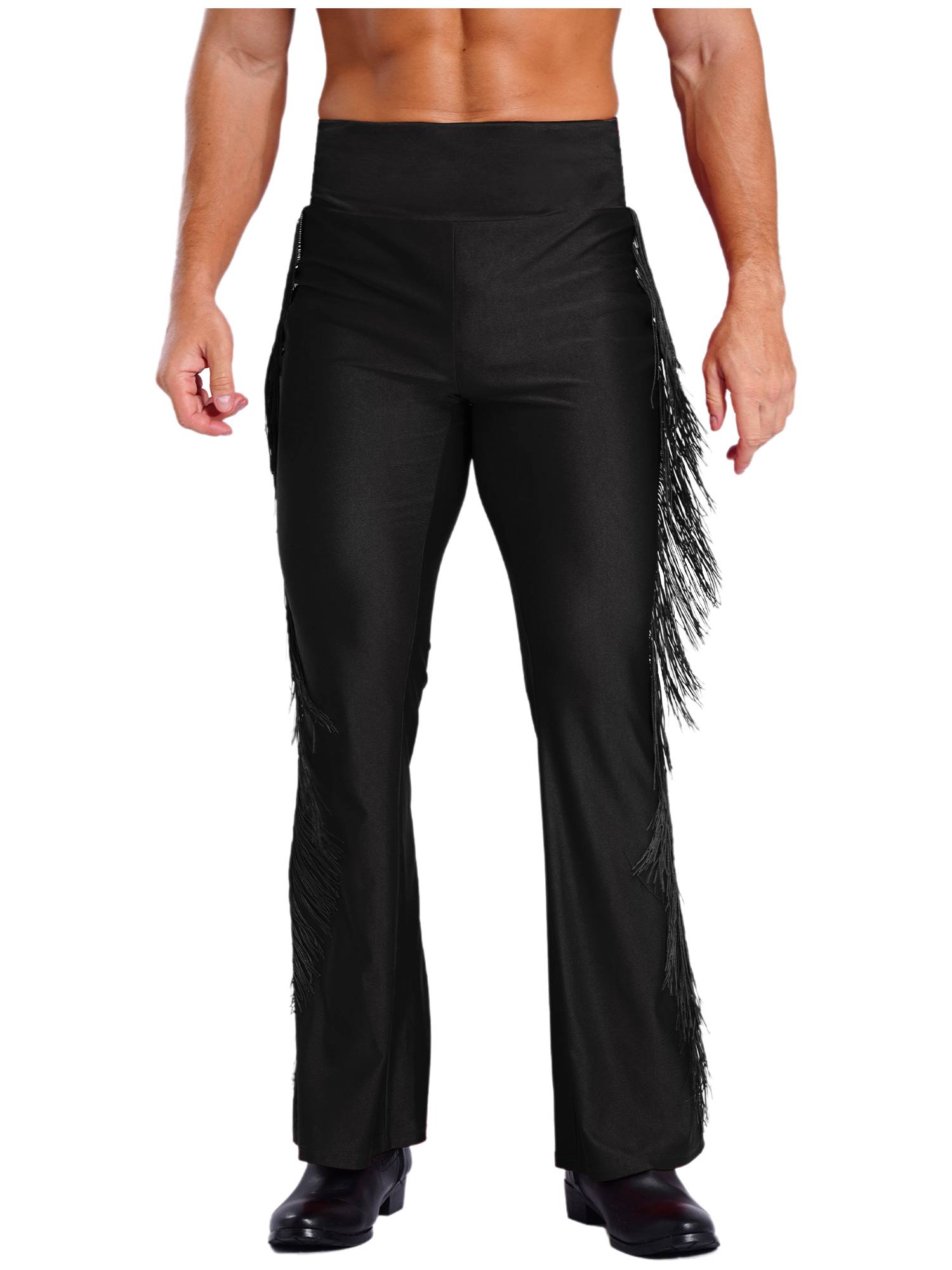 Men Tassel Flared Pants Vintage High Waist Bell-Bottom Trousers for Jazz Dance