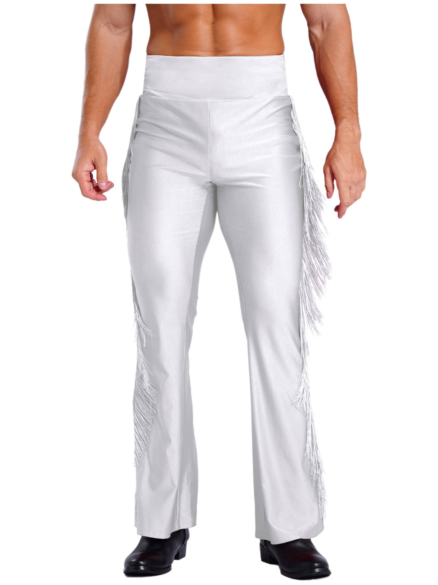 Men Tassel Flared Pants Vintage High Waist Bell-Bottom Trousers for Jazz Dance