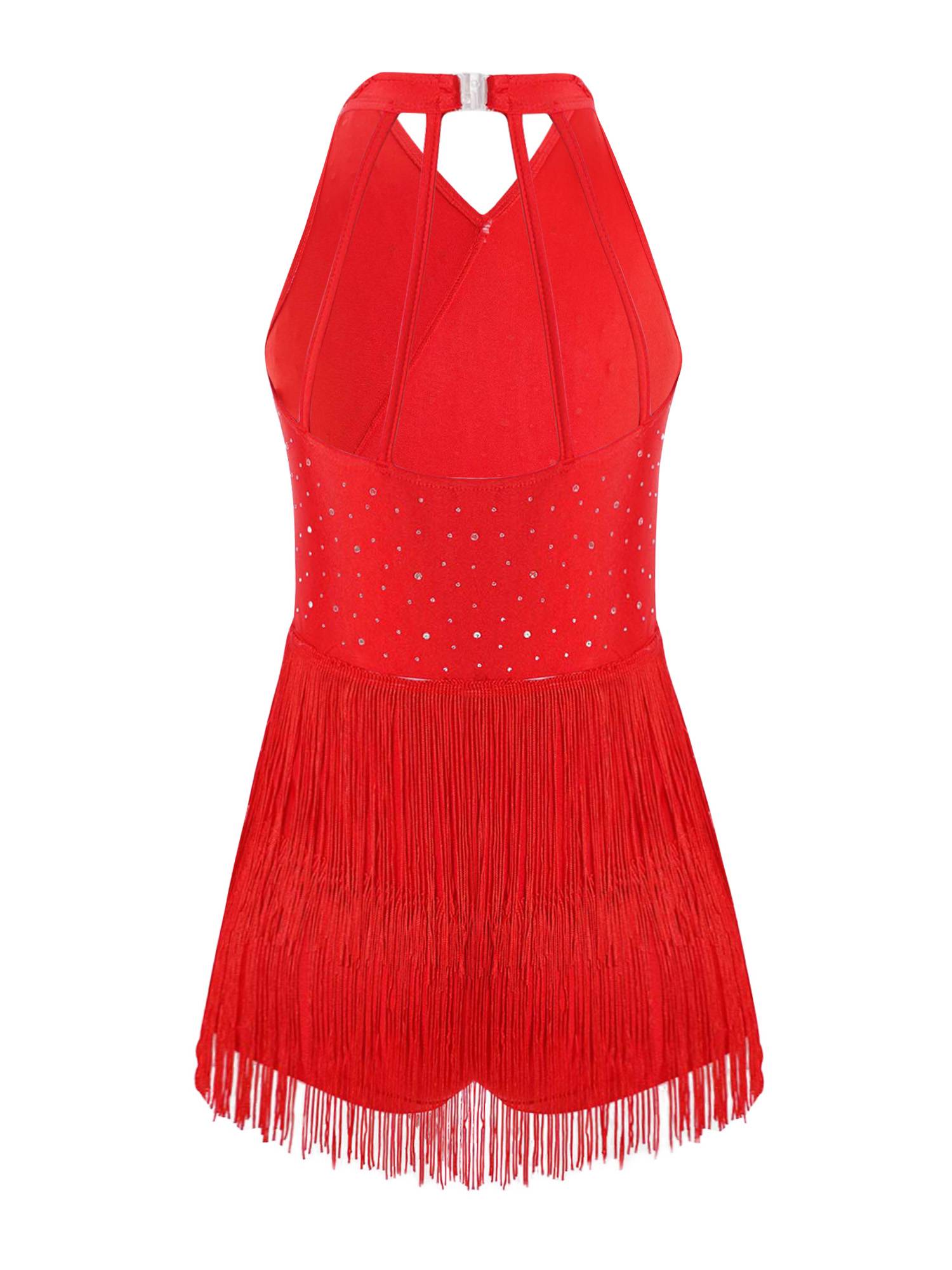 Girls Latin Dance Dress Sleeveless Fringe Strappy Back Dance Leotard