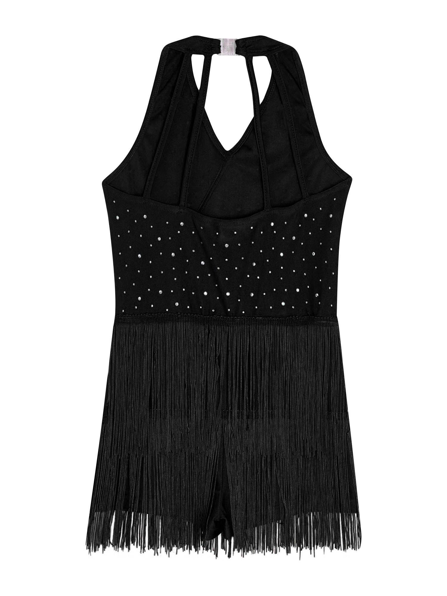 Girls Latin Dance Dress Sleeveless Fringe Strappy Back Dance Leotard
