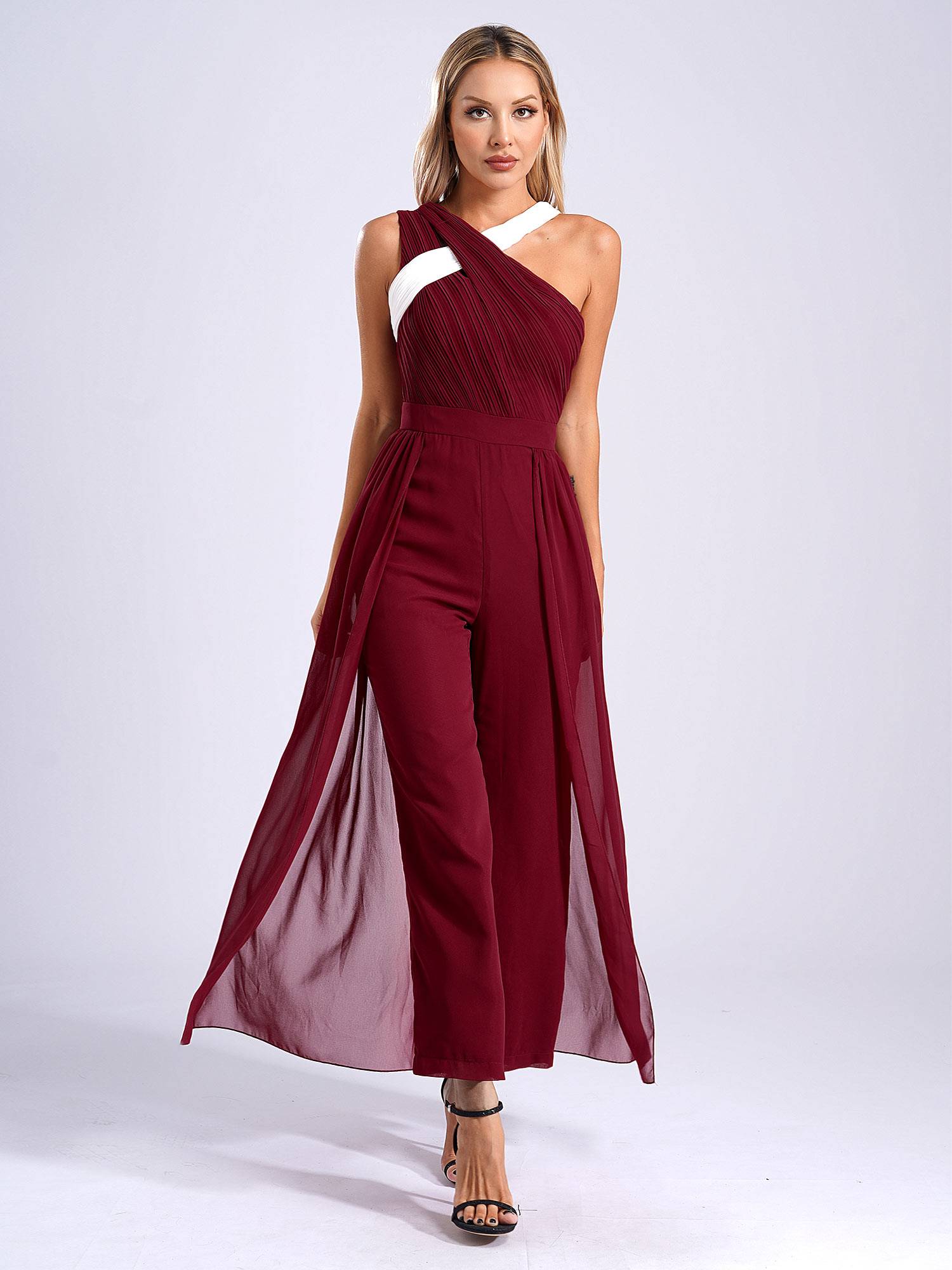 Women Asymmetrical Neck Sleeveless Built-in Chest Pad Party Jumpsuit