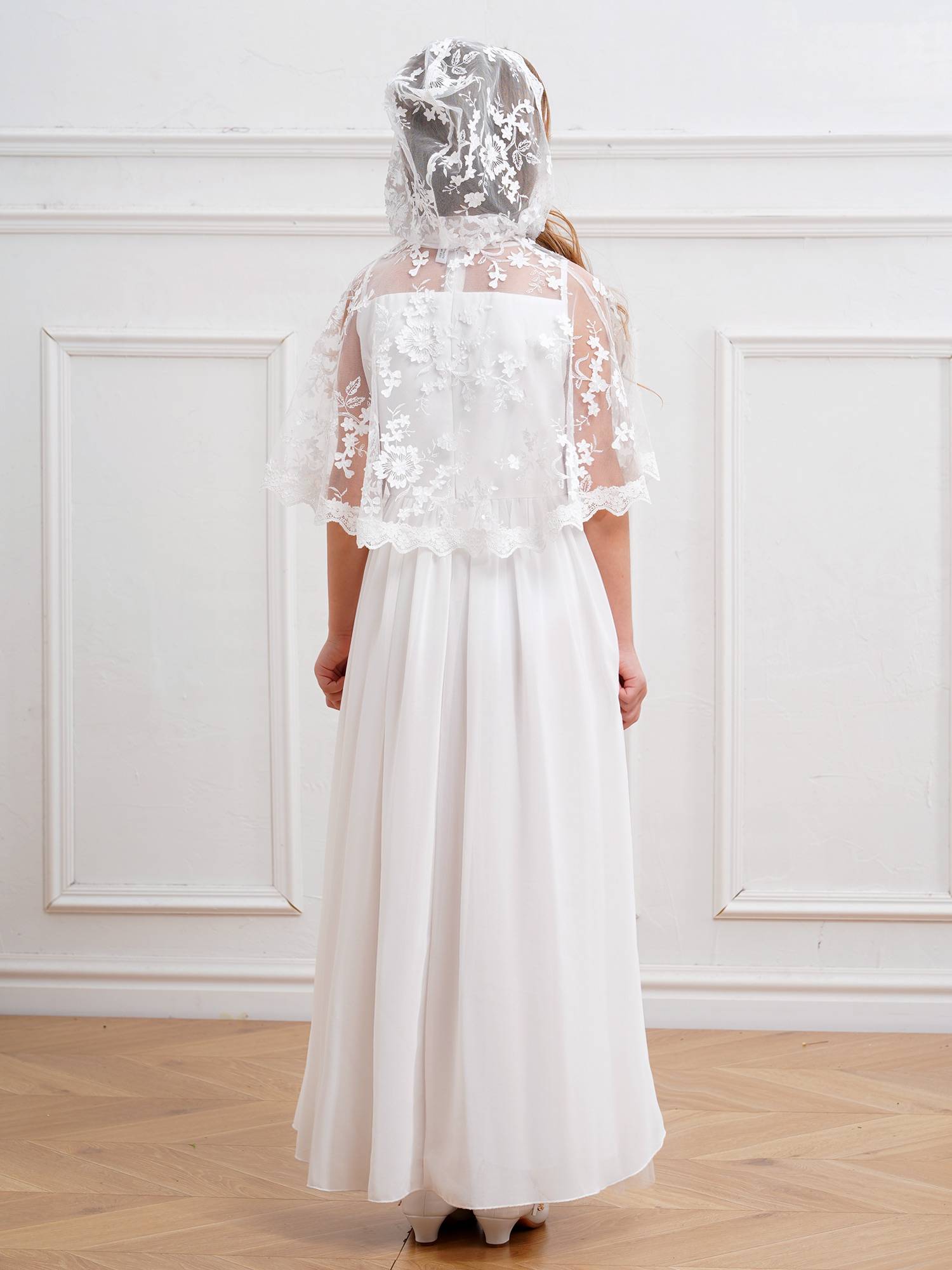 Kids Girls Sleeveless Tulle A-line Dress and Floral Lace Hooded Cape for Party